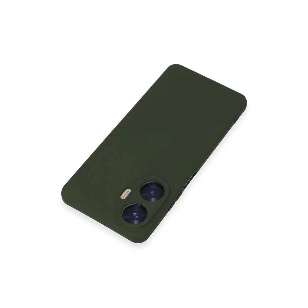Beyaz arka plan üzerinde iki kamera lensli koyu yeşil telefon kılıfı.