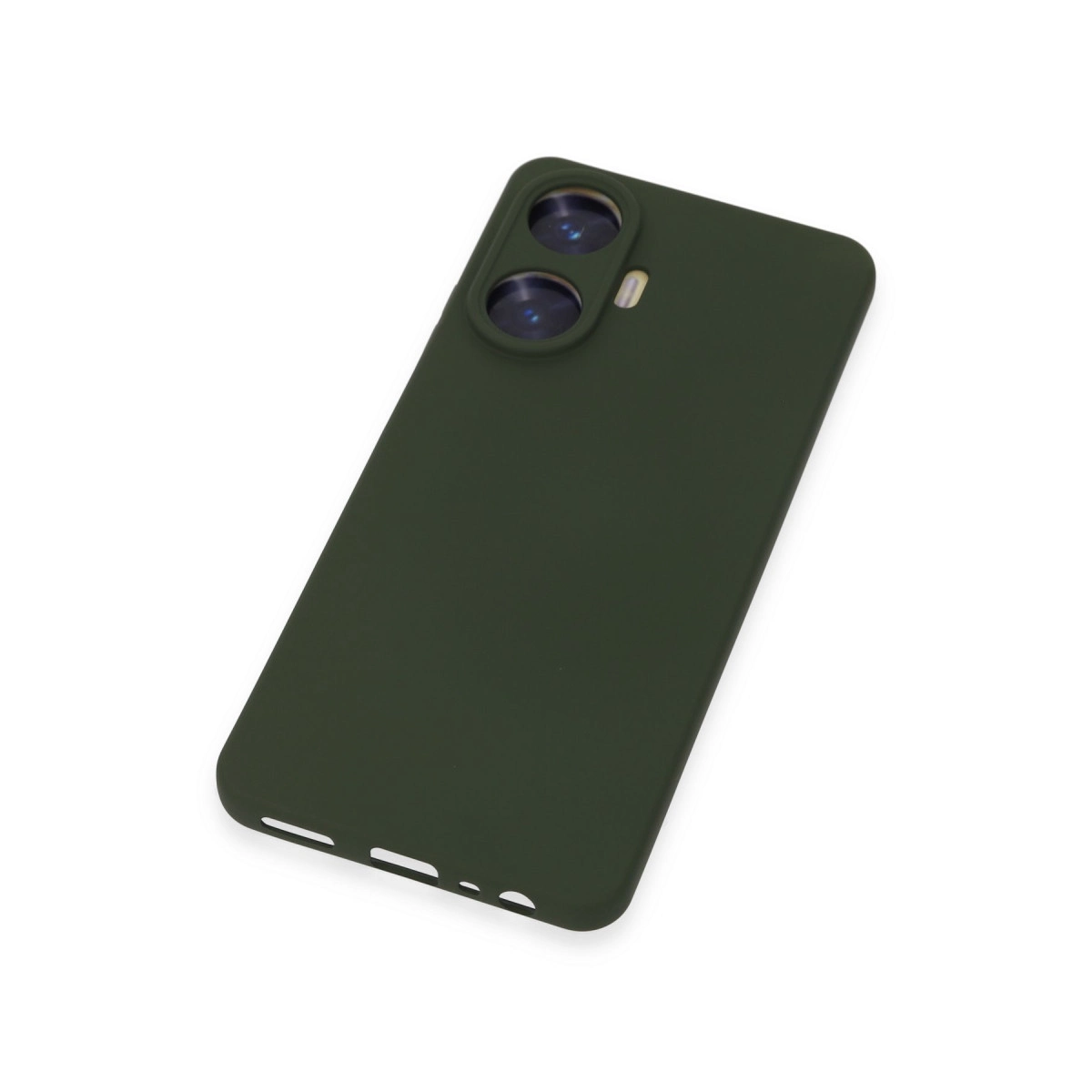 İki kamera lensi ve flaşlı koyu yeşil telefon kılıfı.