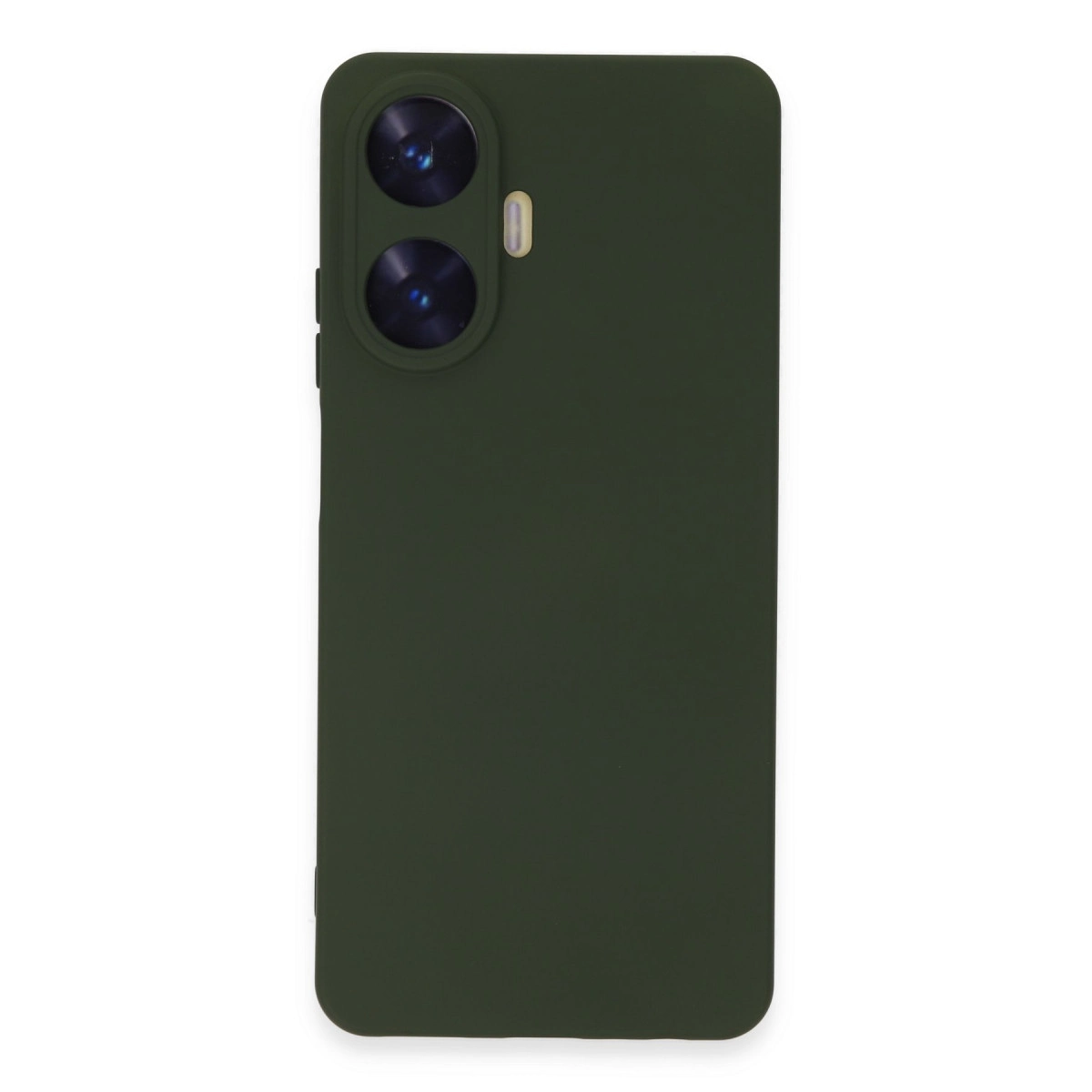 İki kamera lensi ve flaşlı koyu yeşil telefon kılıfı.