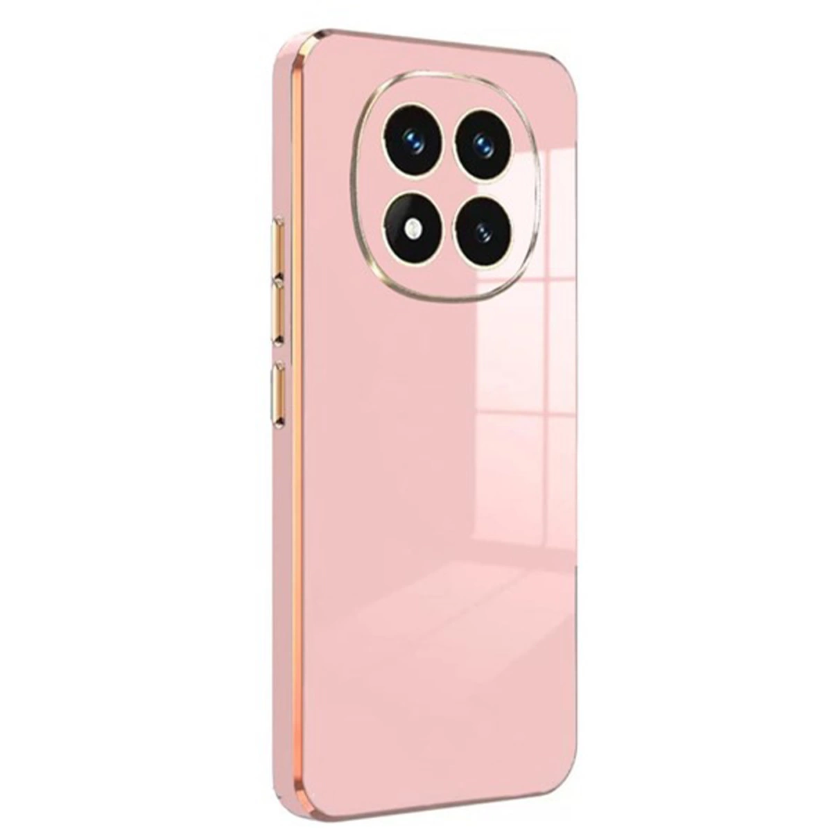 Dairesel modülde dört kameraya sahip pembe akıllı telefon arka yüzü.