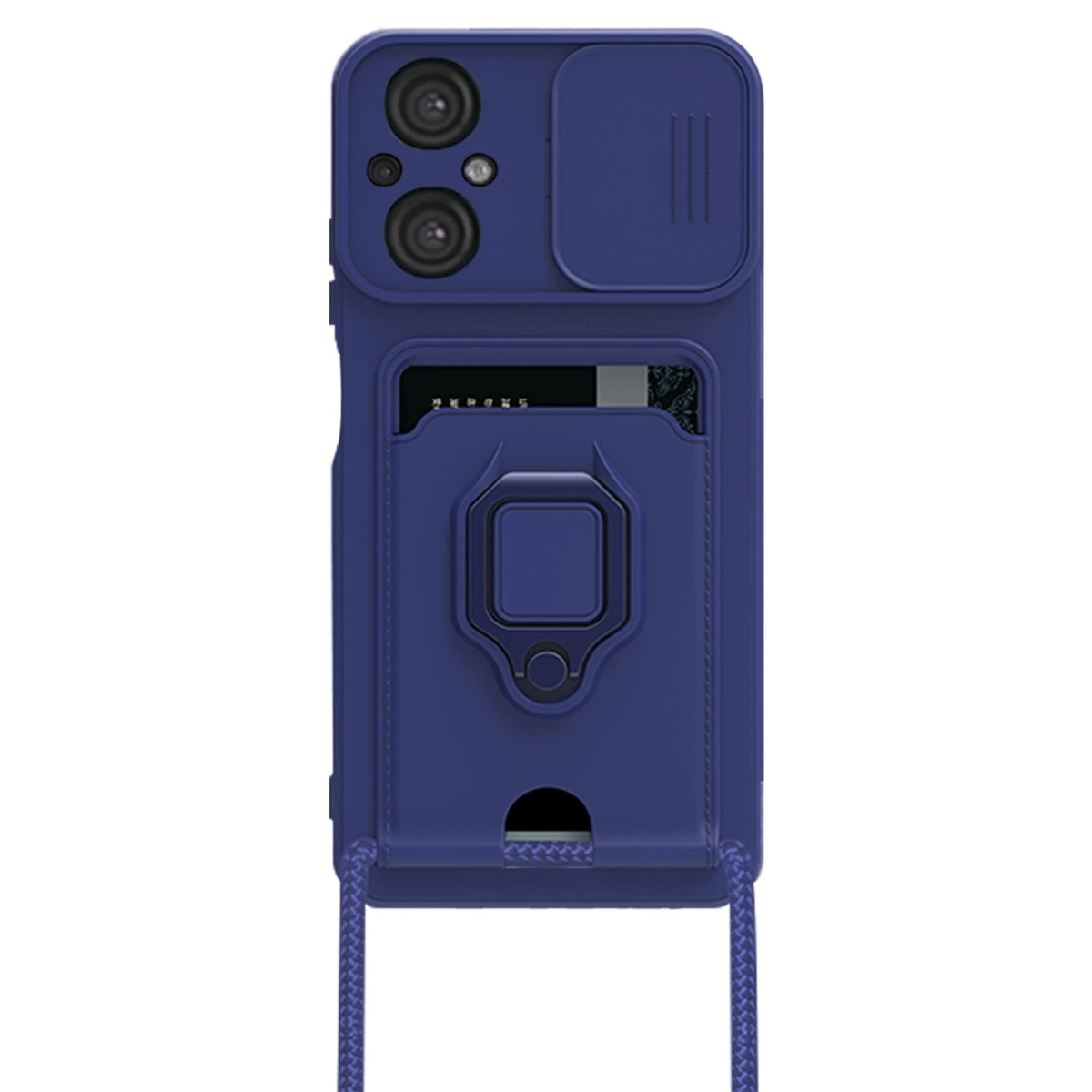 Kamera kapaklı, kart yuvalı, halka tutuculu ve kordonlu lacivert telefon kılıfı.