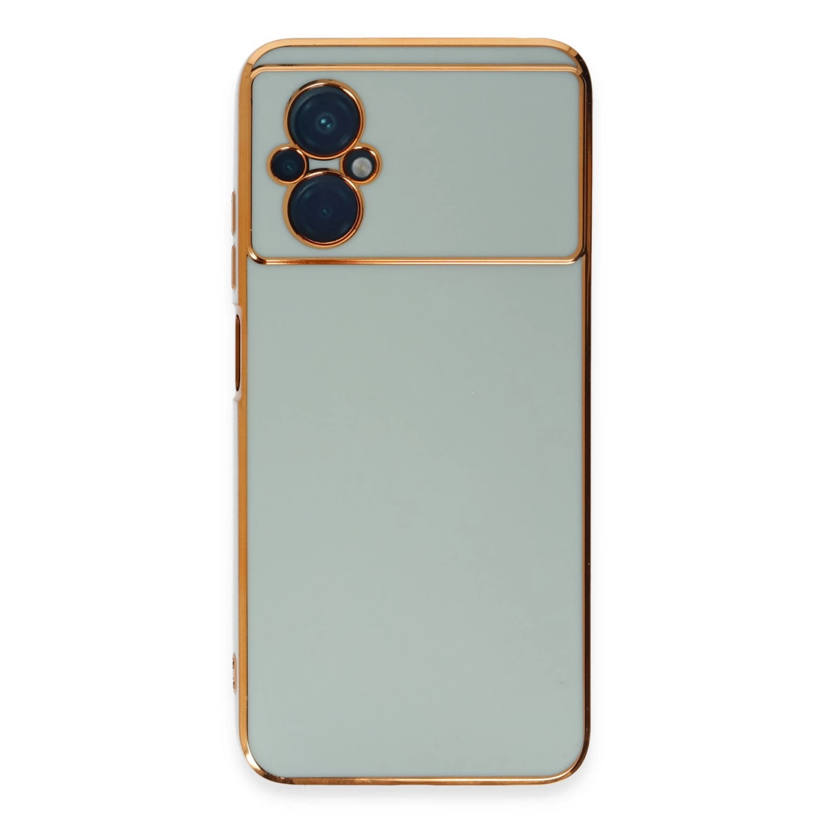 Altın çerçeveli, üç kamera lensli açık gri telefon kılıfı.