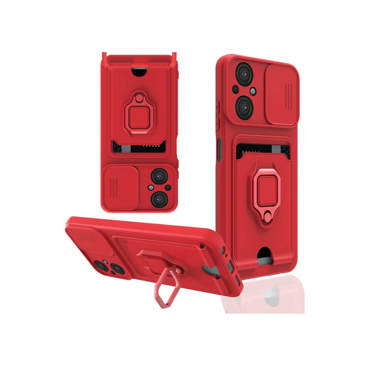 Halka tutuculu, kart yuvalı ve kaydırılabilir kamera kapaklı kırmızı telefon kılıfı.