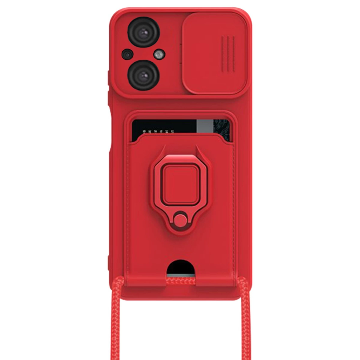 Kamera kapaklı, kart tutuculu, halkalı kırmızı telefon kılıfı.