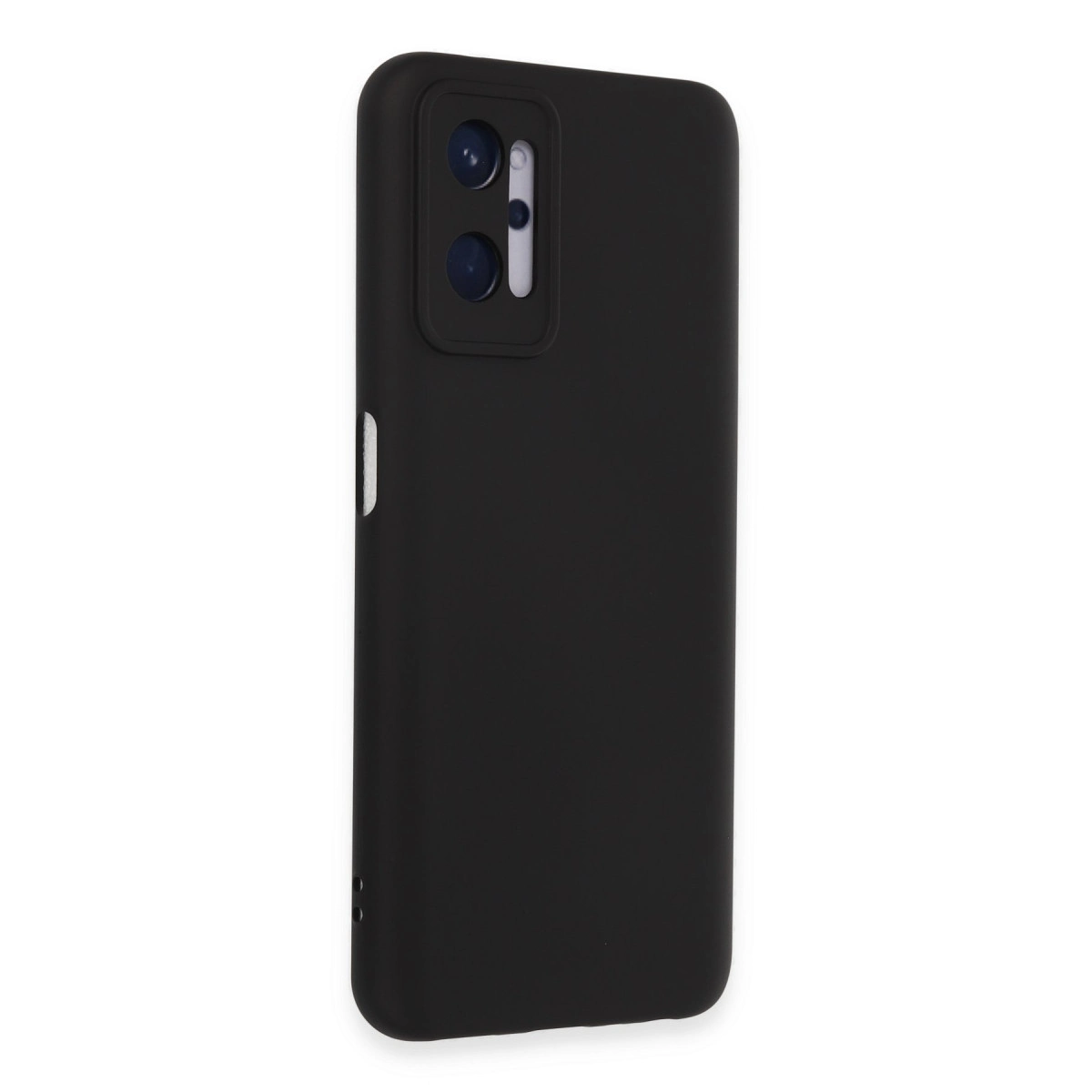 Beyaz arka plan üzerinde kamera kesimli siyah telefon kılıfı.