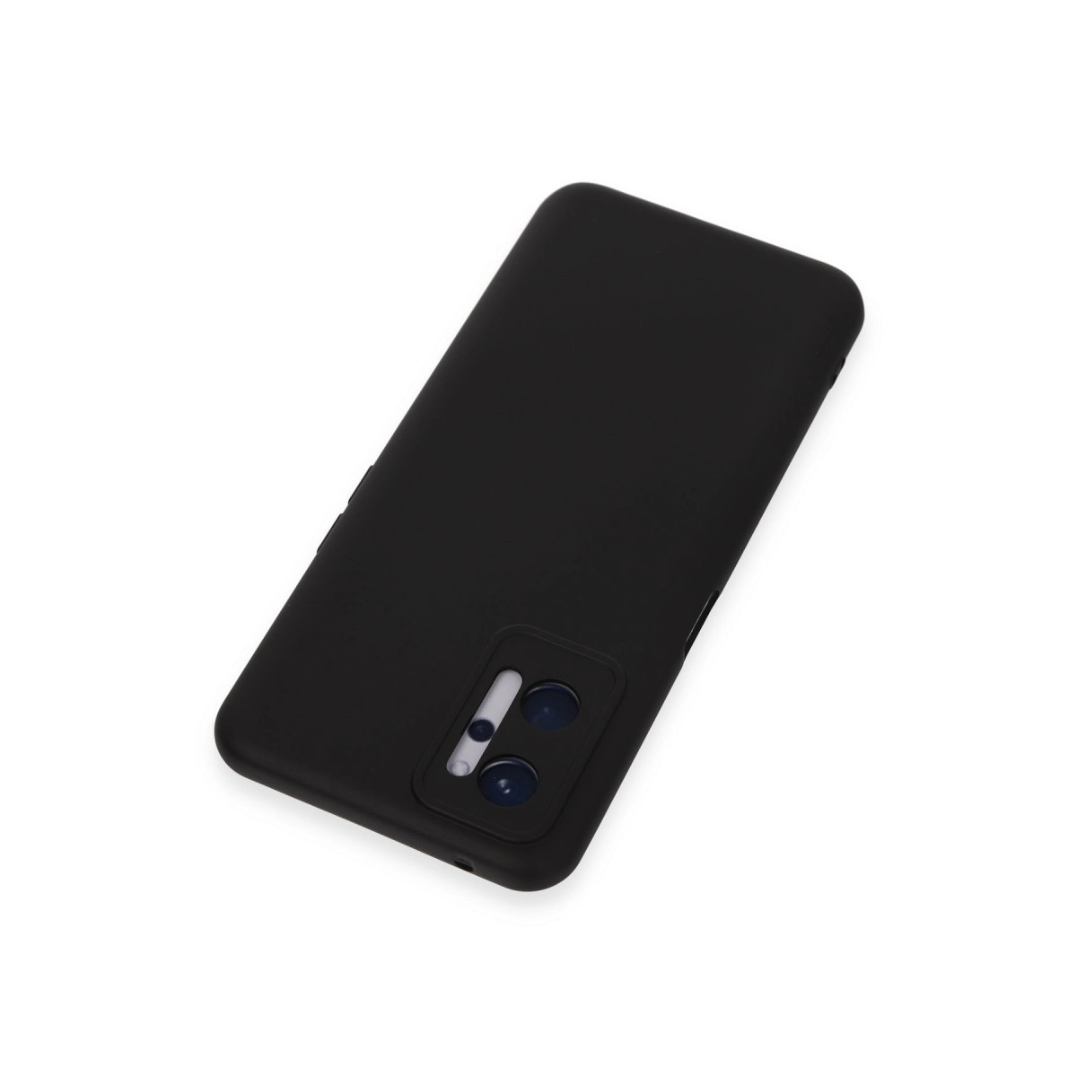 Beyaz arka plan üzerinde kamera oyuntulu siyah telefon kılıfı.