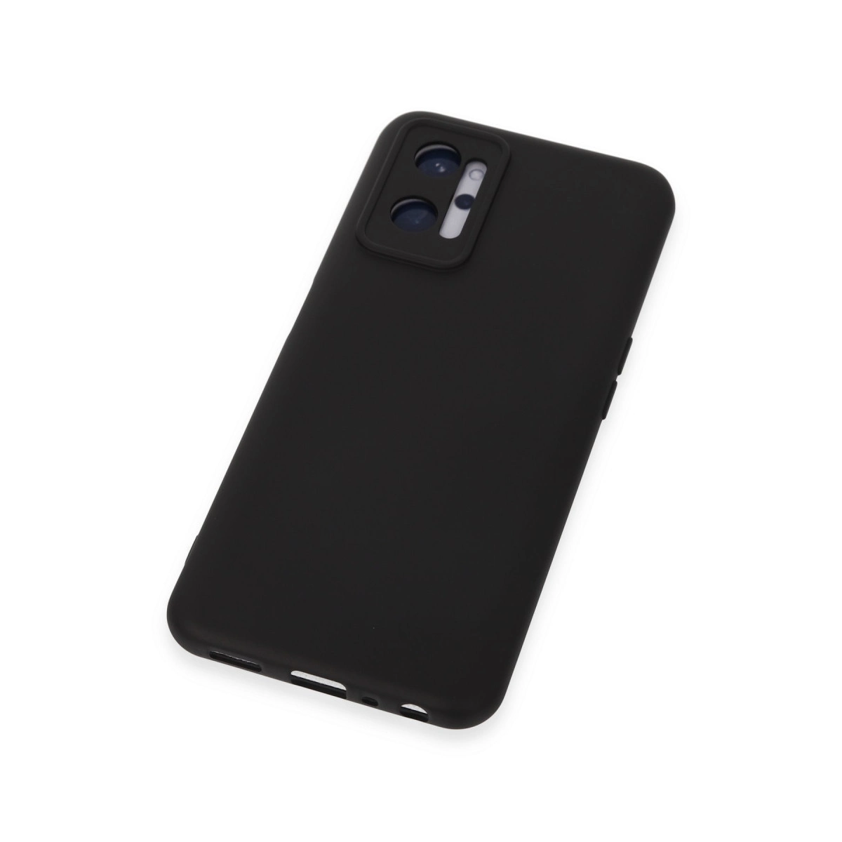 Kamera kesimli siyah telefon kılıfı, beyaz zeminde.