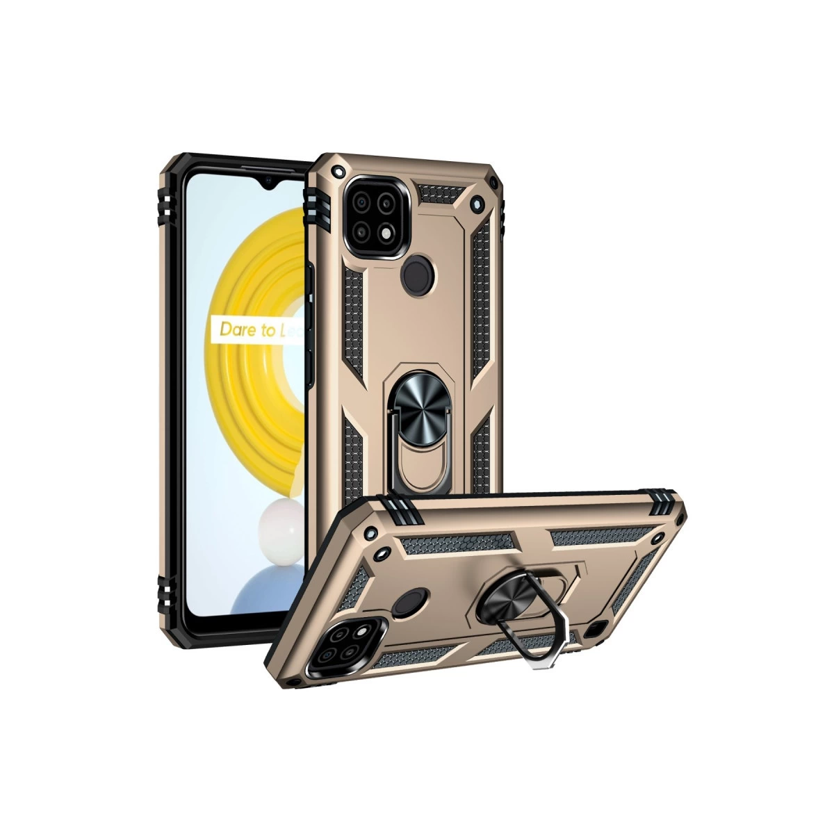 Altın rengi telefon kılıfı, halka tutucu ve güçlendirilmiş köşelerle, beyaz arka plan.