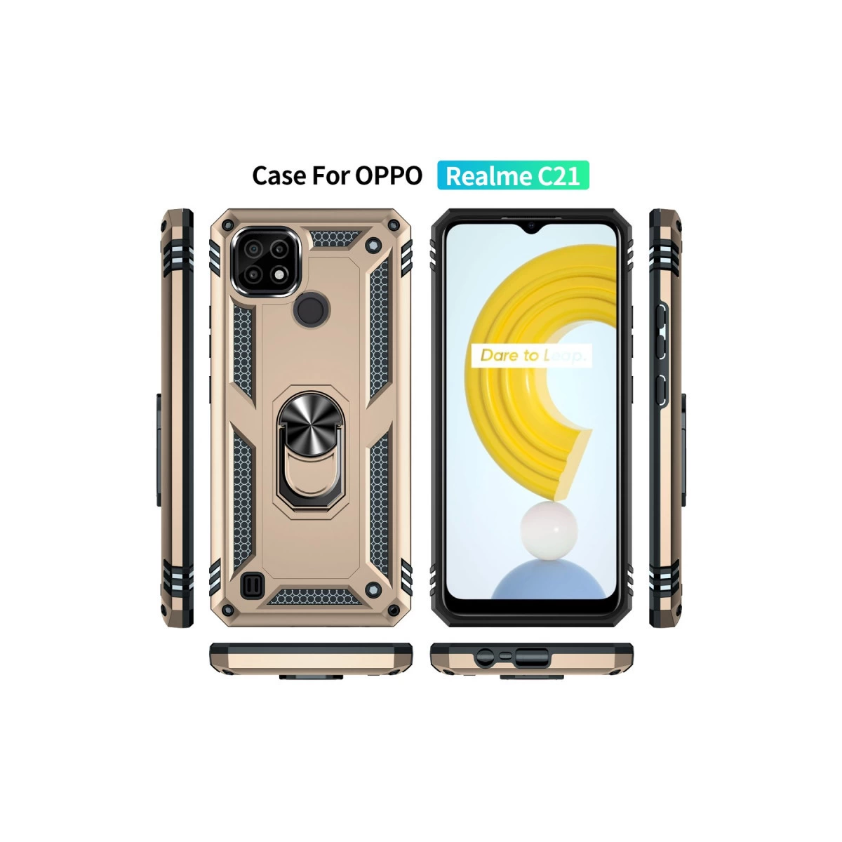Halka tutuculu Realme C21 için altın rengi telefon kılıfı, çoklu görünümler.