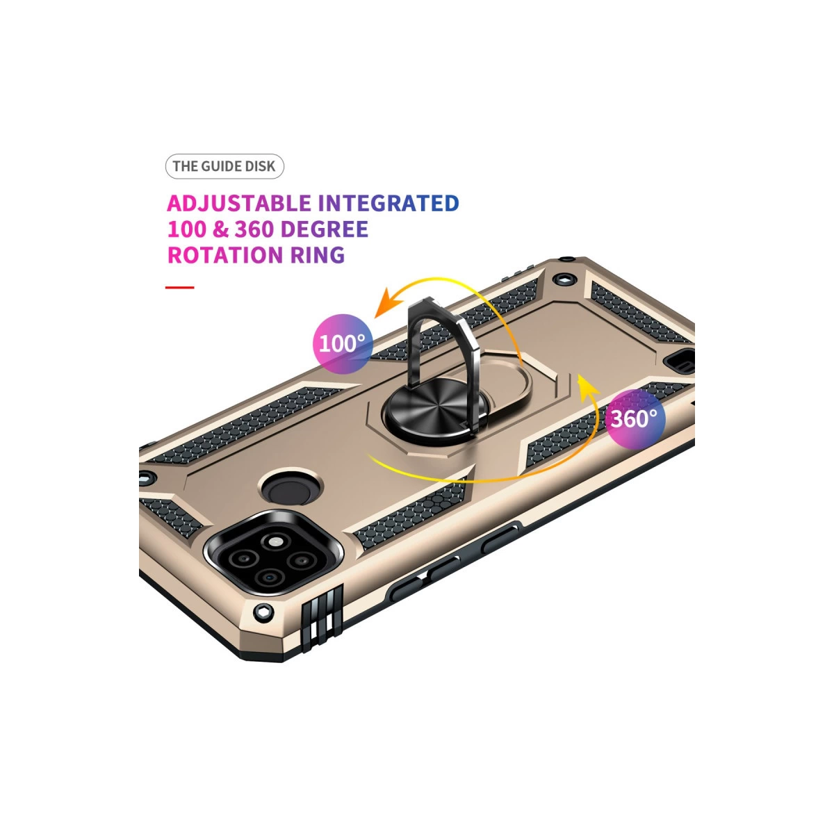Entegre 360° halka tutuculu altın rengi telefon kılıfı, 100°/360° dönebilir.