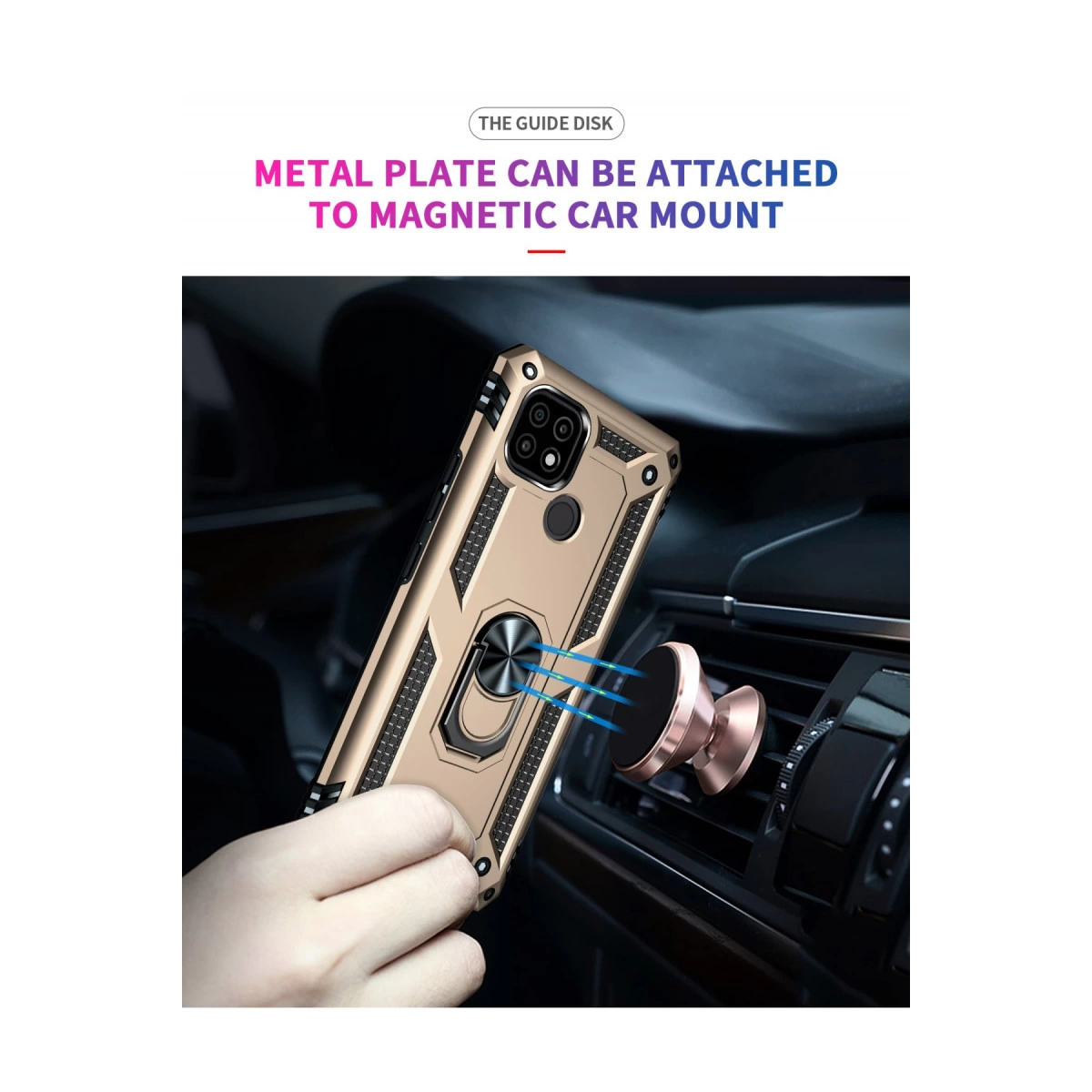 Halkalı altın rengi telefon kılıfı, manyetik araç tutucuya takılıyor.