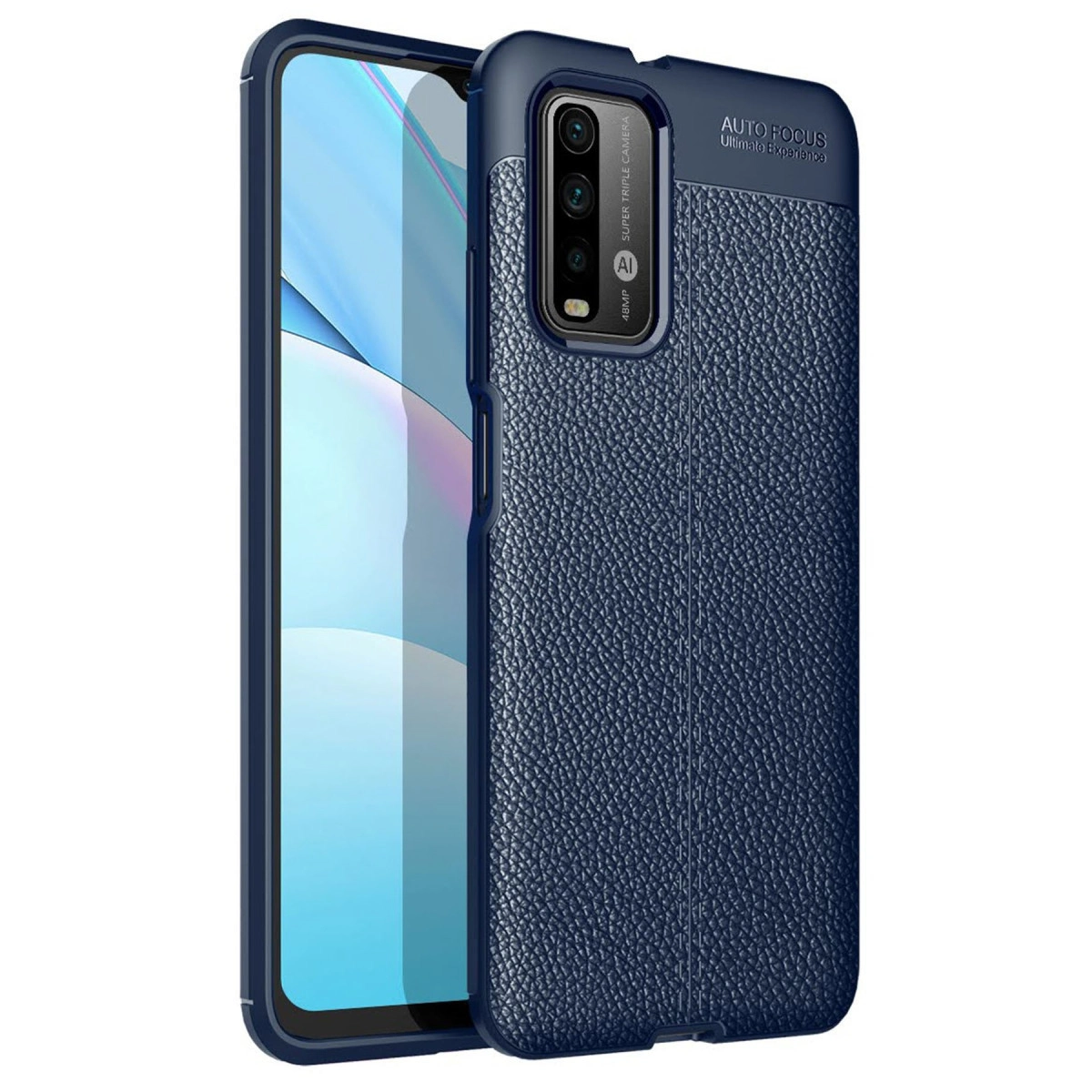 Doku derili kılıfı ve üçlü kamerası olan lacivert telefon.