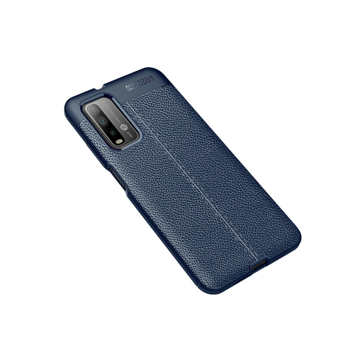 Deri dokulu lacivert telefon kılıfı, üçlü kamera kesimiyle.
