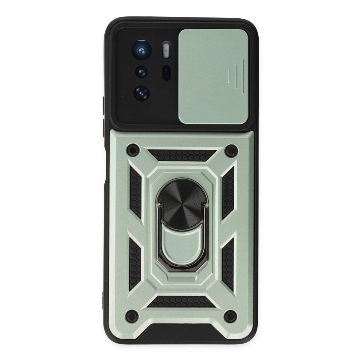 Arkada kamera kapağı ve metal halkası olan nane yeşili telefon kılıfı.
