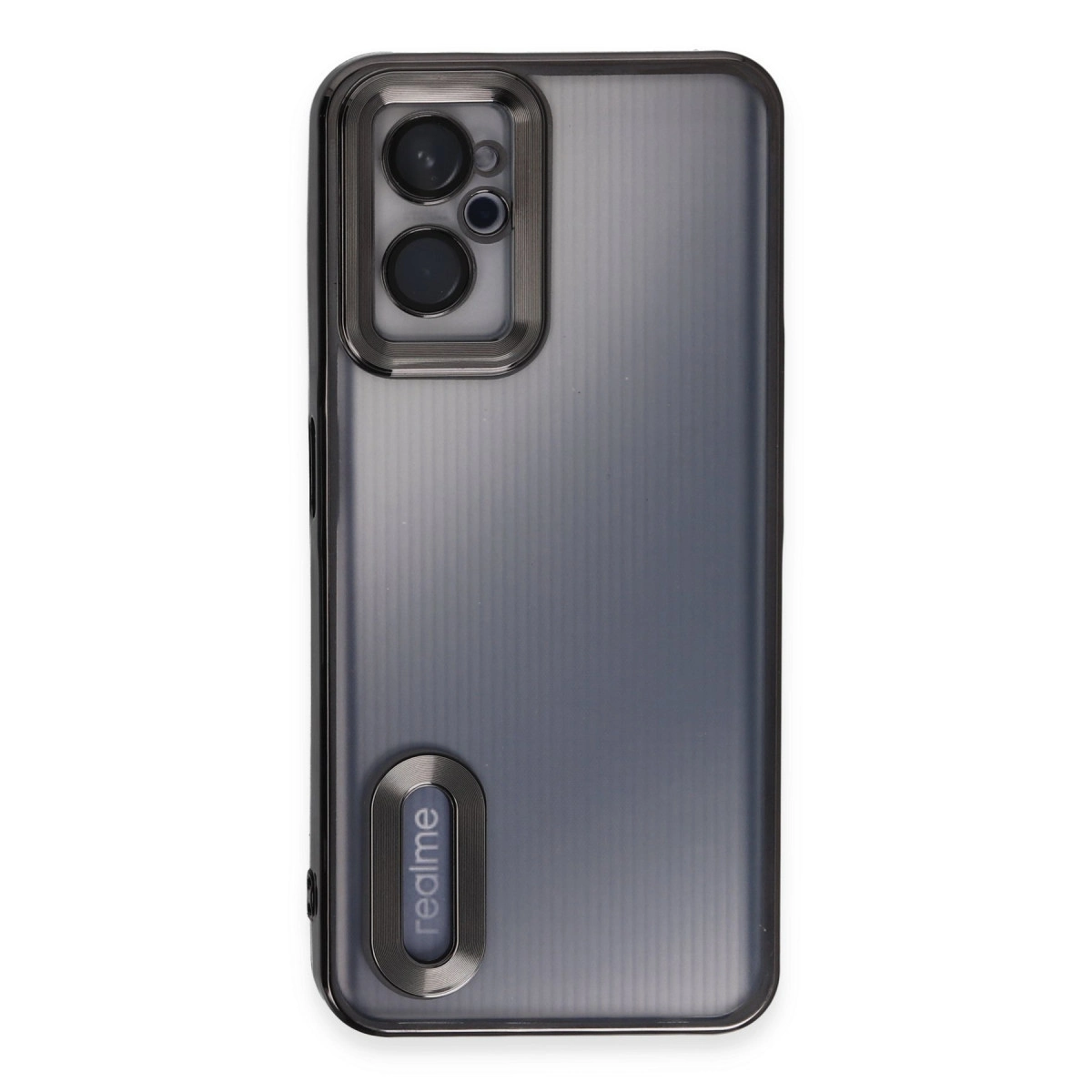 Kamera kesimli koyu renk akıllı telefon kılıfının arkası.