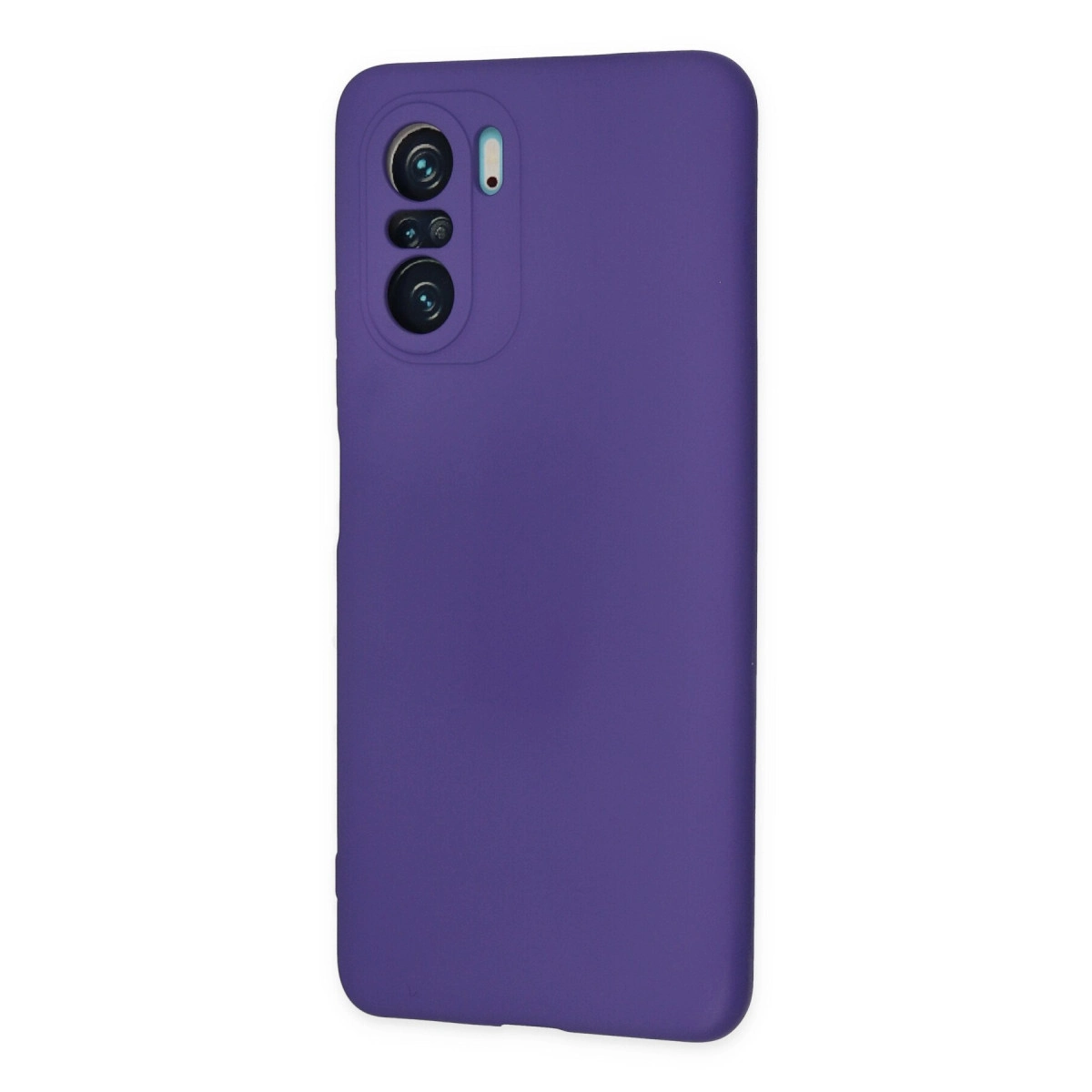 Kameralı ve flaşlı mor telefon kılıfı. Beyaz arka planda.