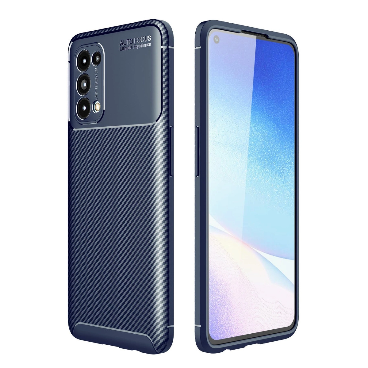Karbon fiber desenli, görünür kamera modüllü lacivert telefon kılıfı.
