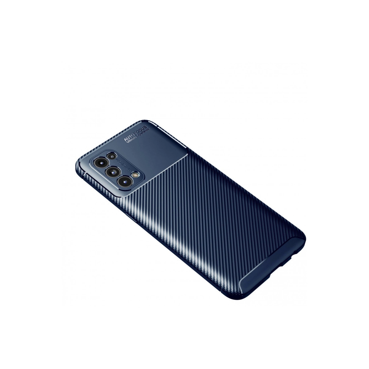 Karbon fiber dokulu, üstte kamera lensli lacivert telefon kılıfı.
