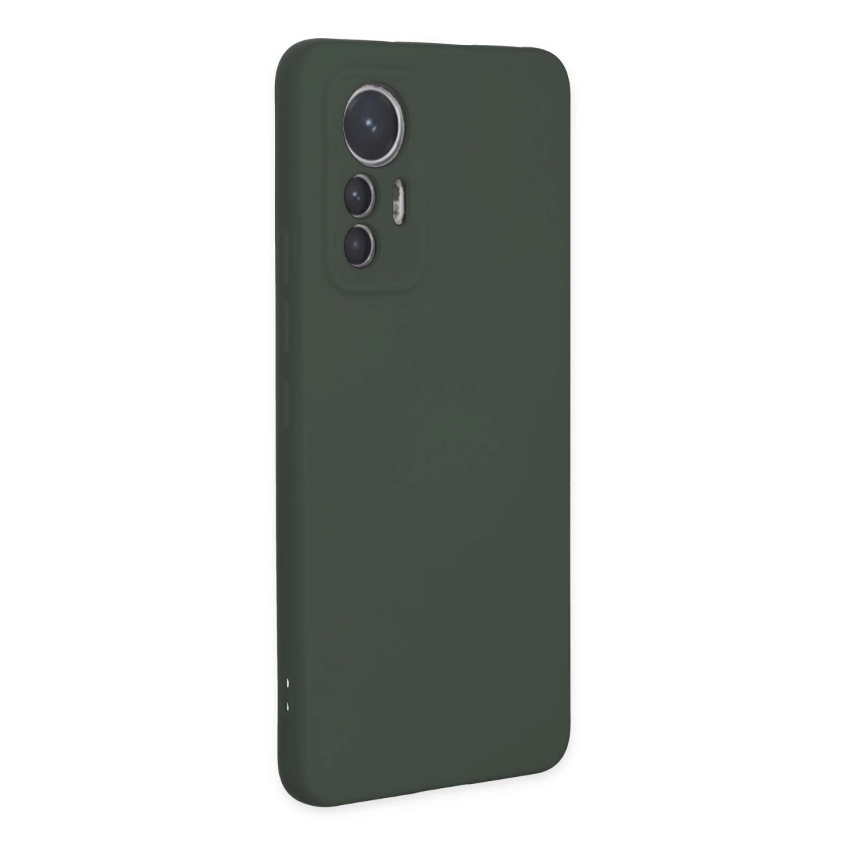 Sol üstte üç kamera lensli koyu yeşil telefon kılıfı.