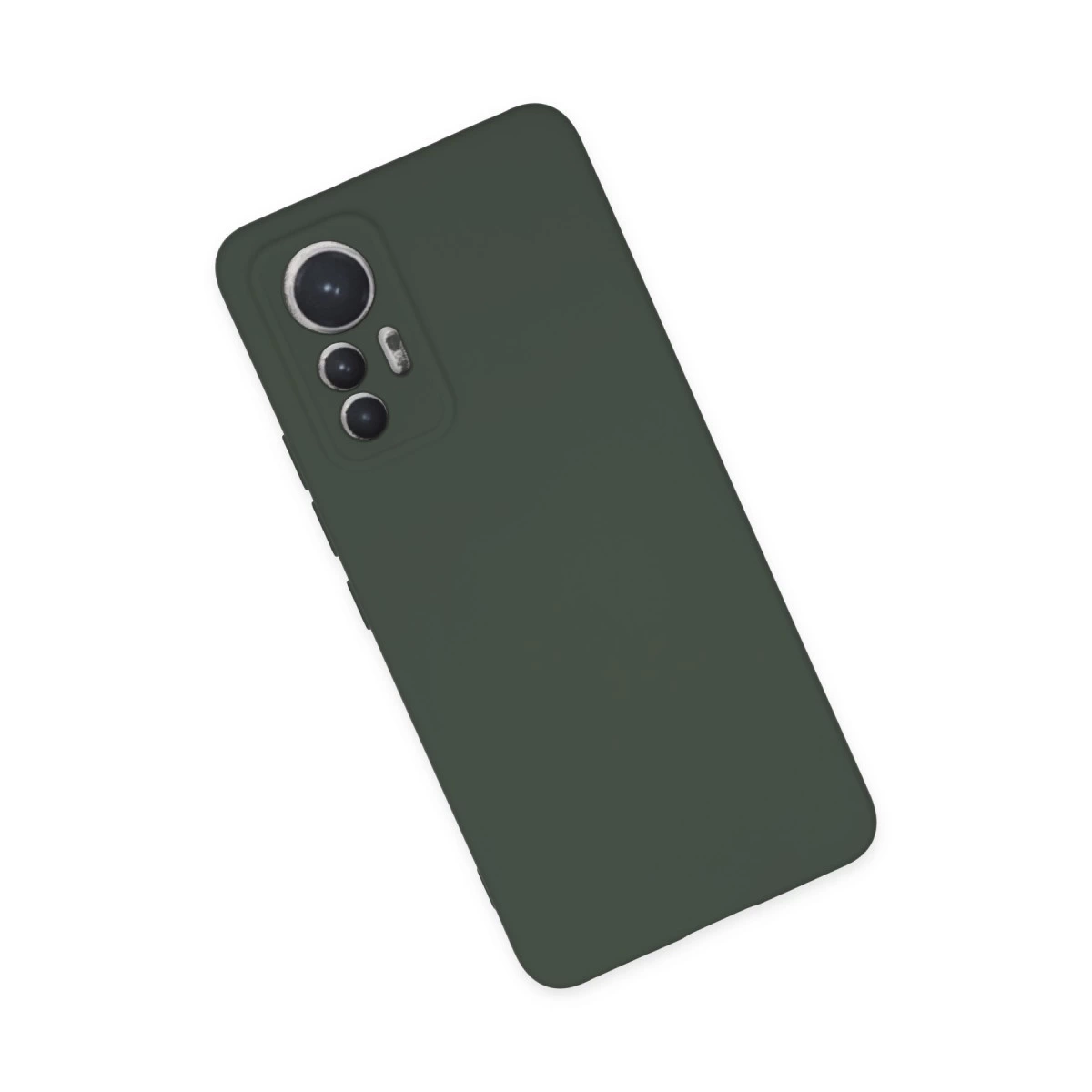 Kamera lensleri ve yan düğmeleri görünen koyu yeşil telefon kılıfı.