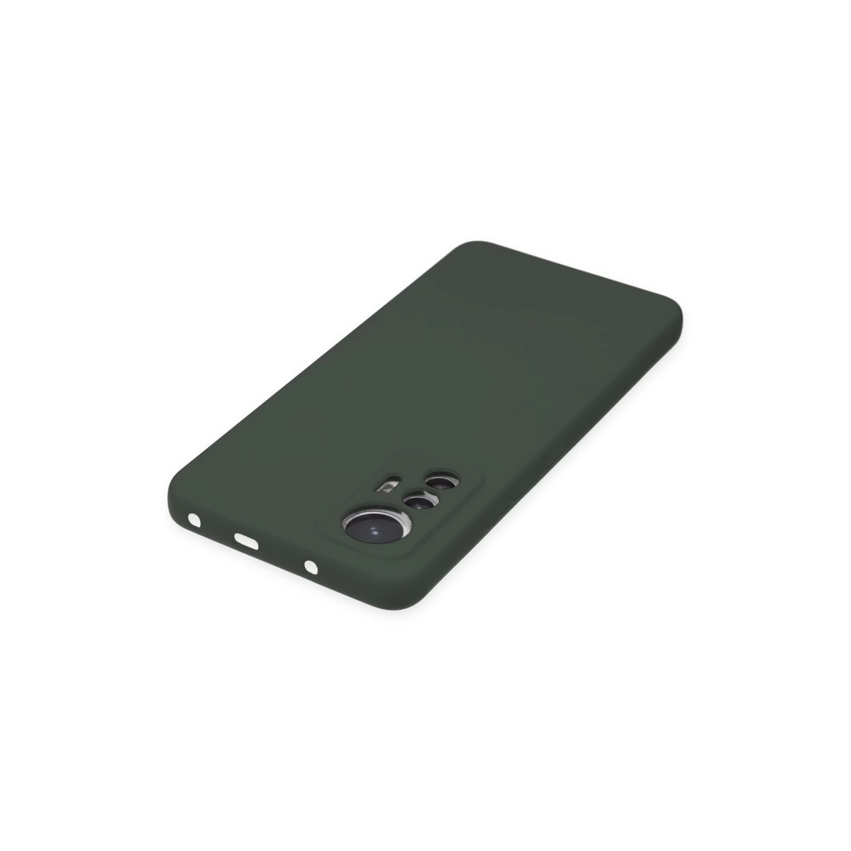 Koyu yeşil telefon kılıfı kamera kesimiyle, beyaz arka plan