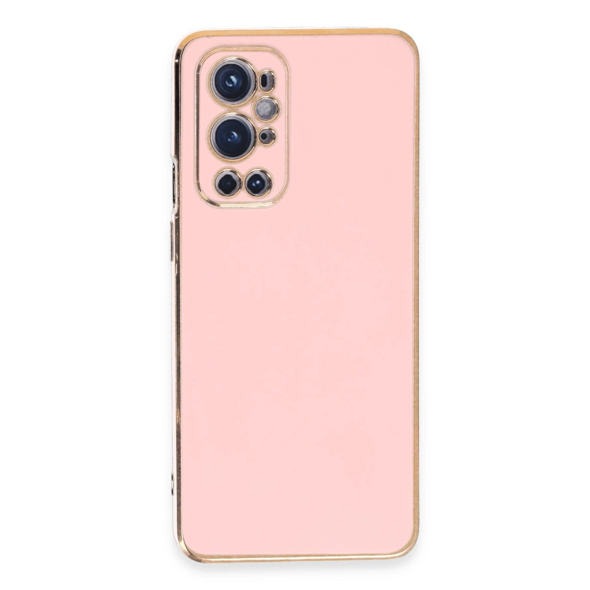 Altın çerçeveli ve kamera modülü dizilimli pembe telefon kılıfı.