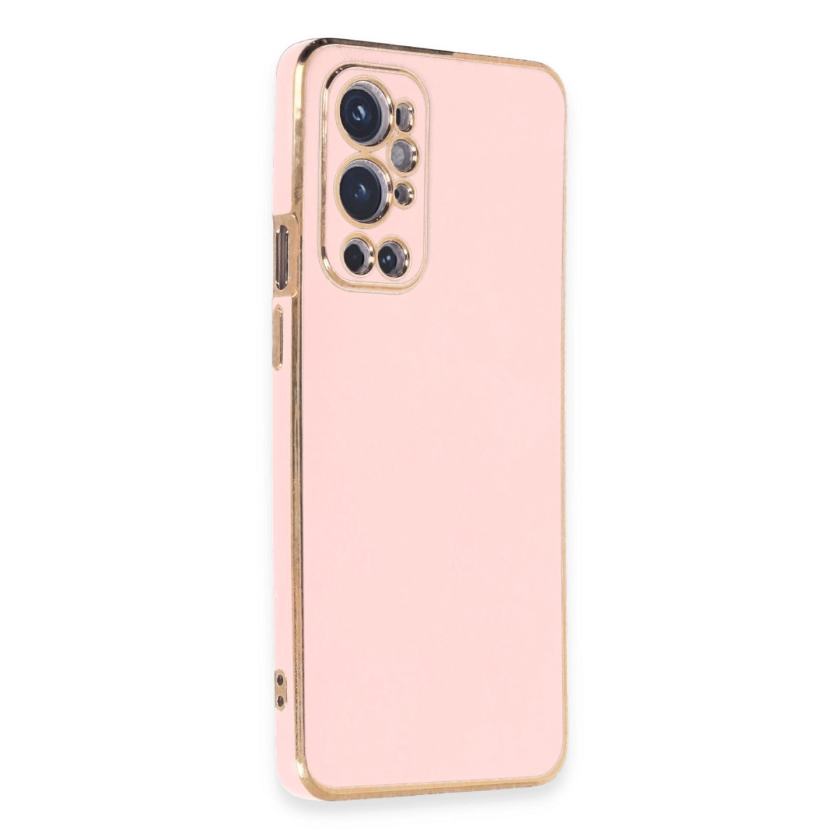 Altın çerçeveli ve kamera kesimli pembe telefon kılıfı.