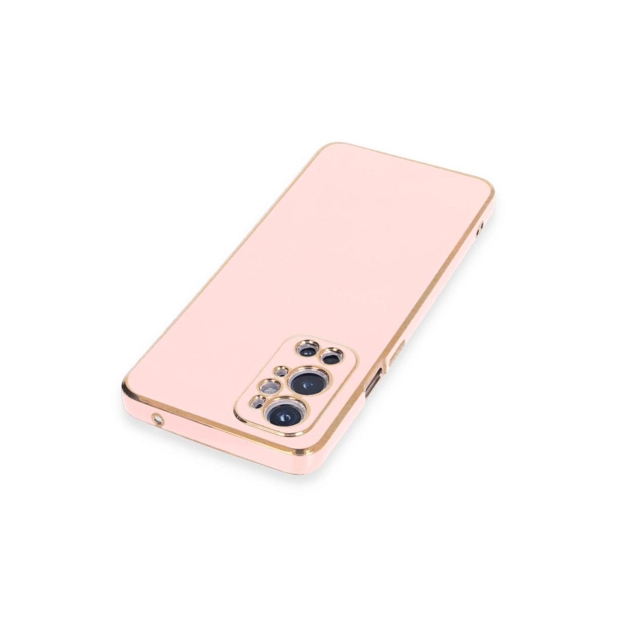 Altın kenarlı ve kamera kesimli açık pembe telefon kılıfı.