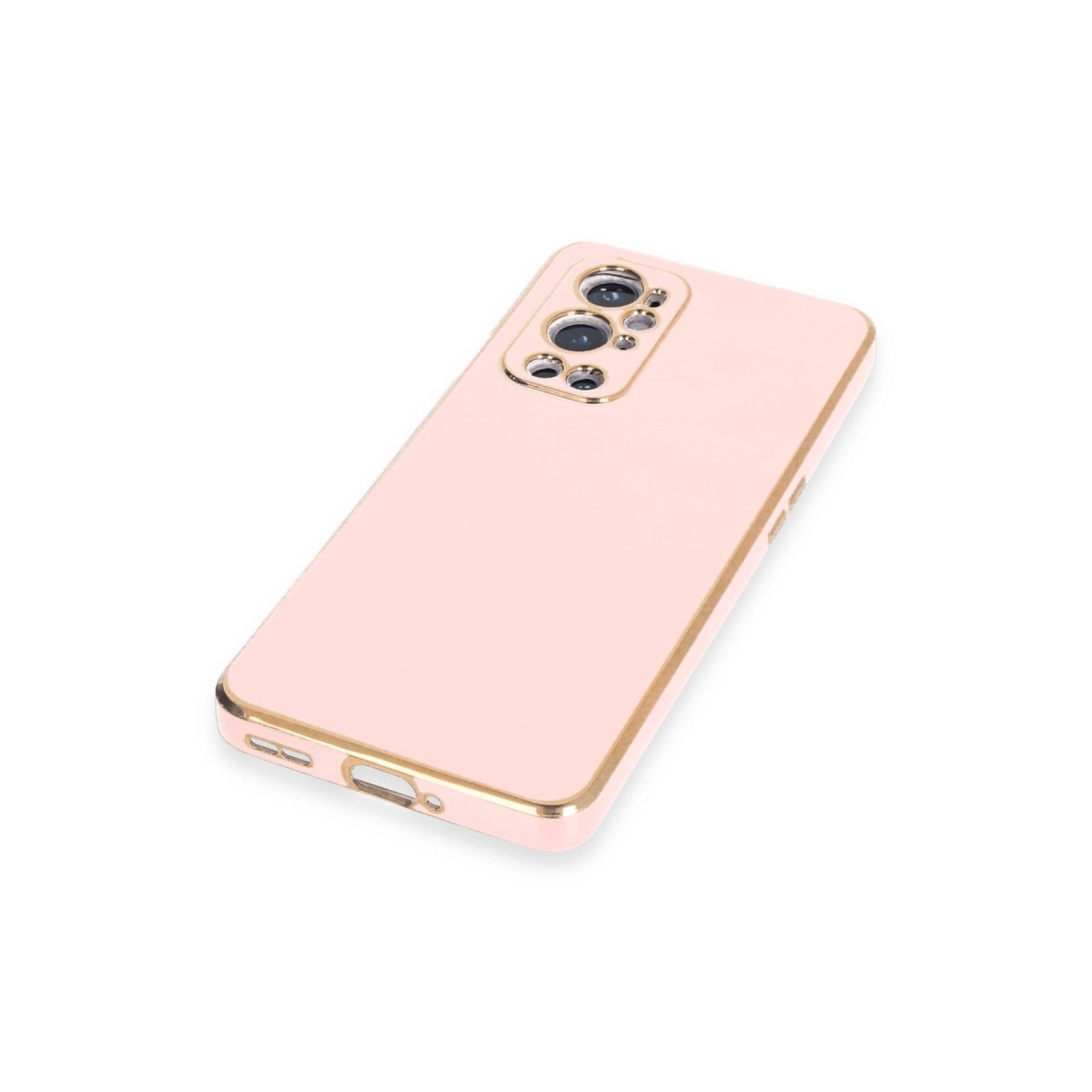 Altın süslemeli ve kamera lens detaylı pembe telefon kılıfı, beyaz zeminde.