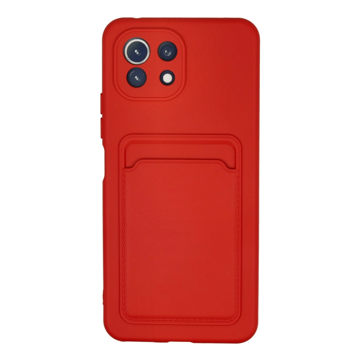 Kırmızı telefon kılıfı, kart tutucu ve dörtlü kamera kesiği.