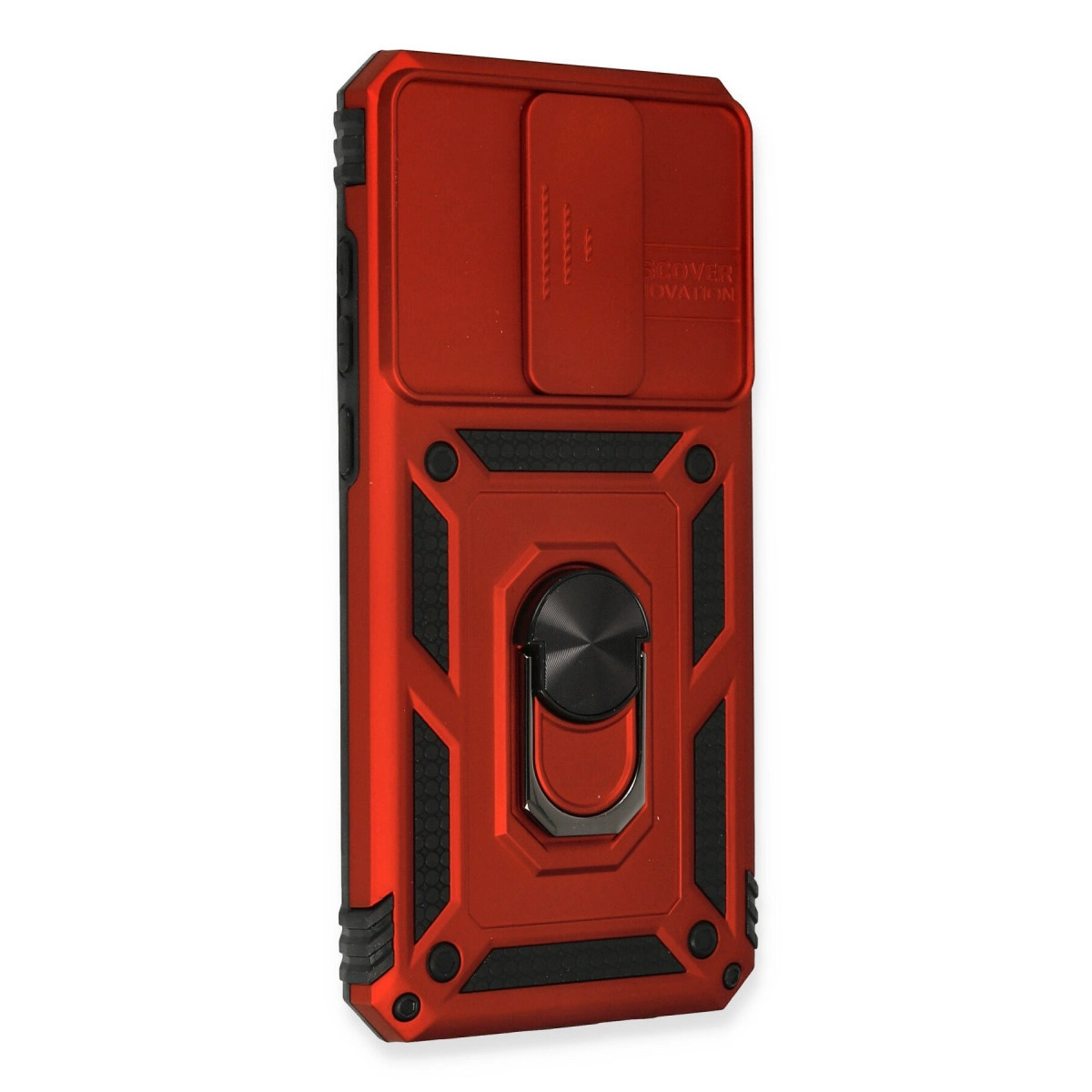 Kırmızı telefon kılıfı, kaydırılabilir kamera kapağı ve halka tutuculu.