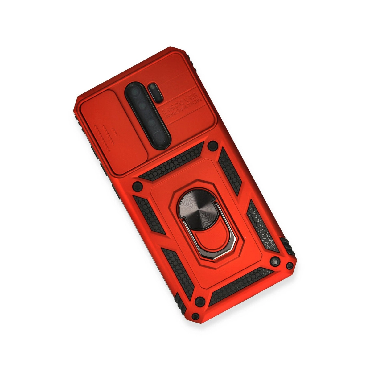 Kamera kapaklı, halka tutuculu, dokulu kırmızı telefon kılıfı.