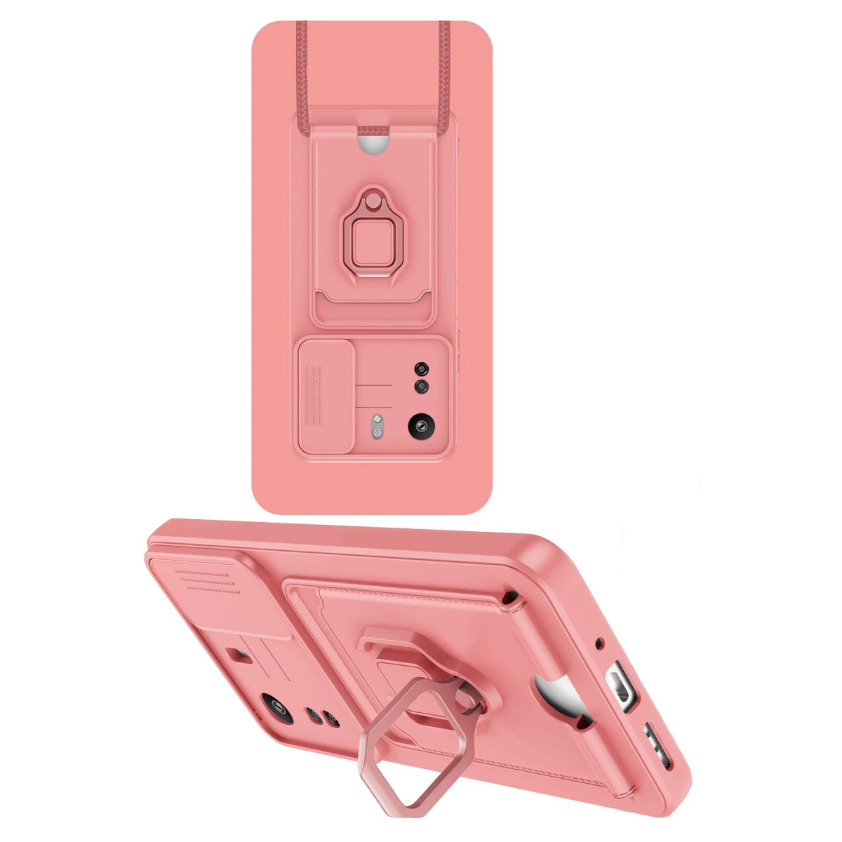 Kamera kapaklı, stantlı ve kordonlu pembe telefon kılıfı.