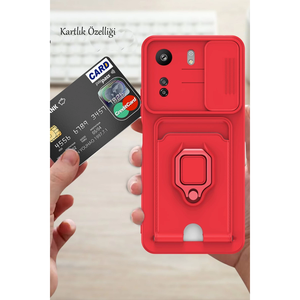 Kartlıklı ve halka tutuculu kırmızı telefon kılıfı gösteriliyor.