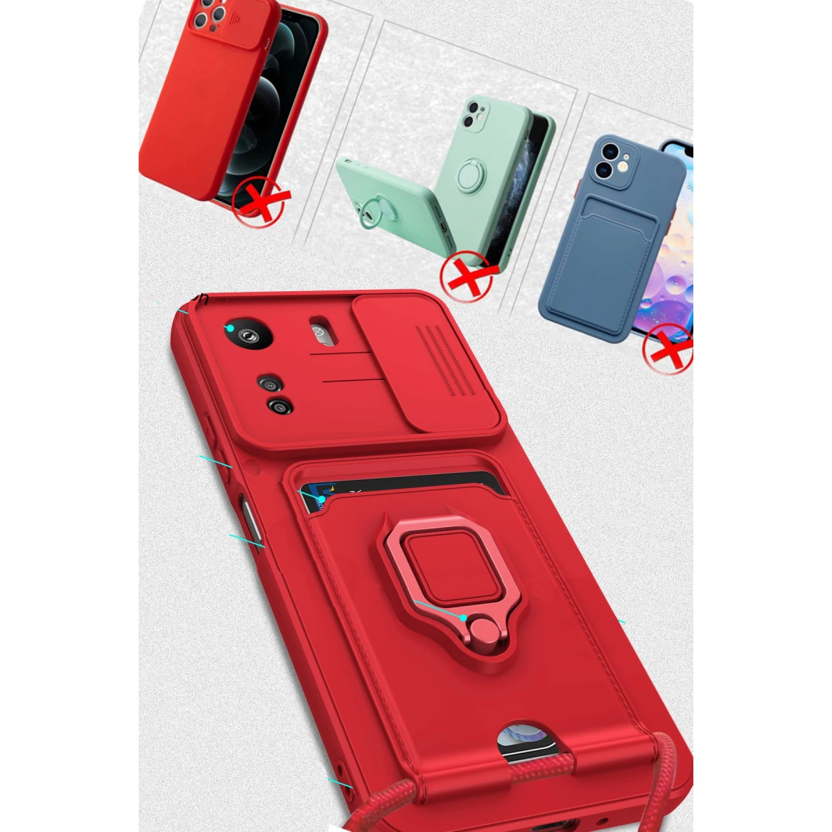 Kamera kapaklı, kartlıklı ve yüzüklü kırmızı telefon kılıfı.