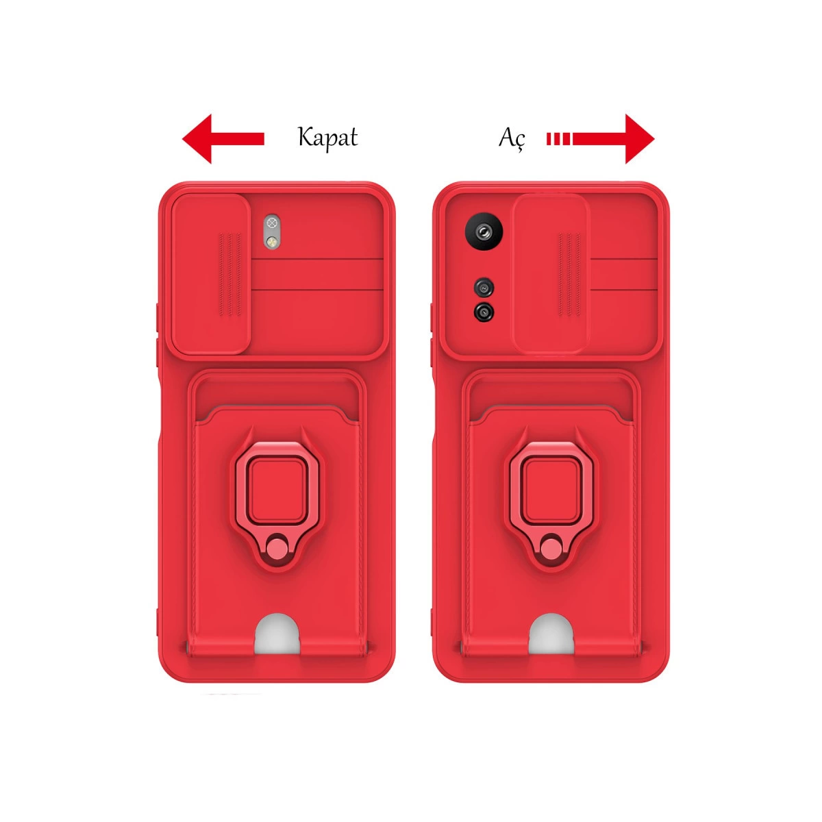 Yan yana iki kırmızı telefon kılıfı, biri kapalı kamera lensli, diğeri açık.