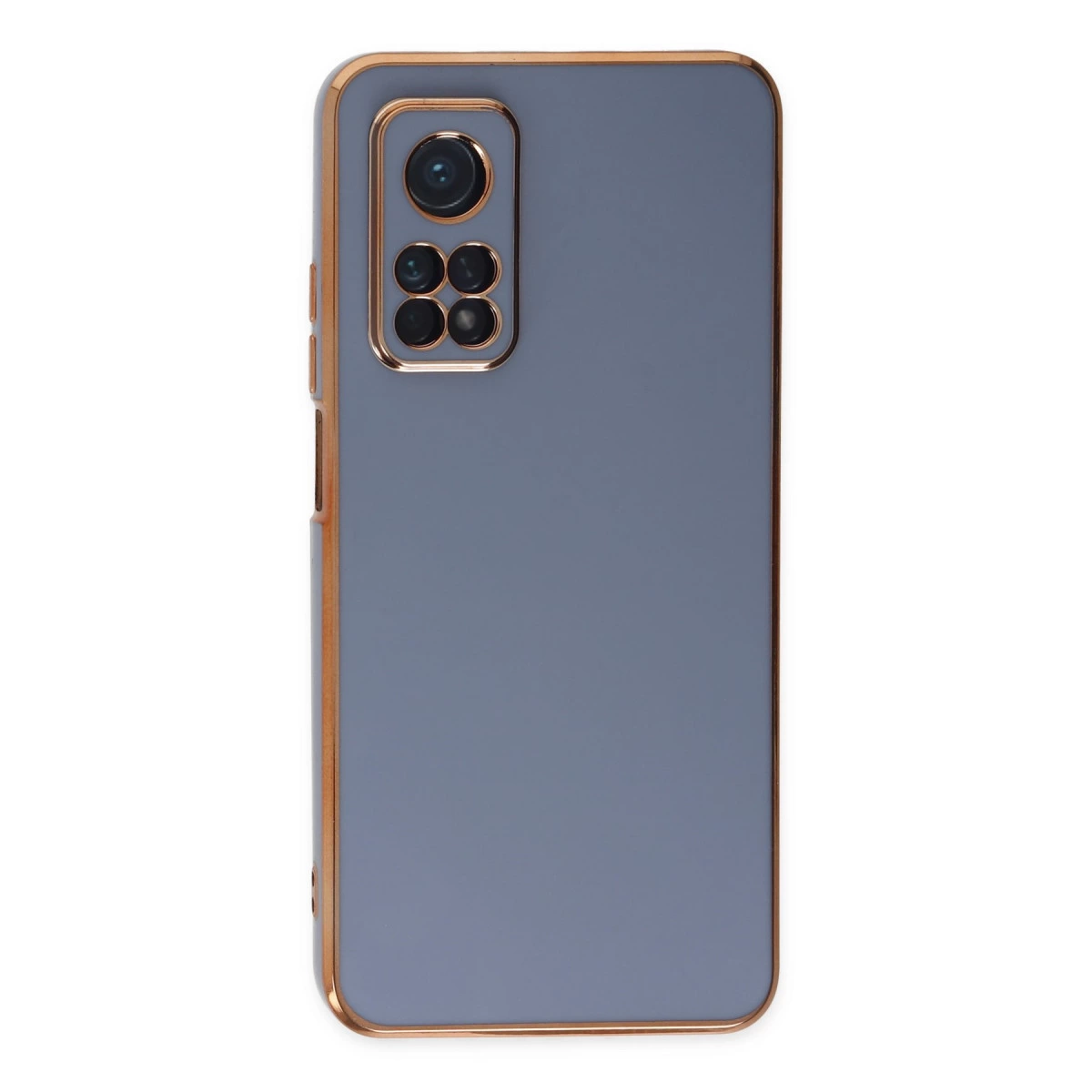 Dörtlü kameraya ve altın çerçeveye sahip gri telefon kılıfı.