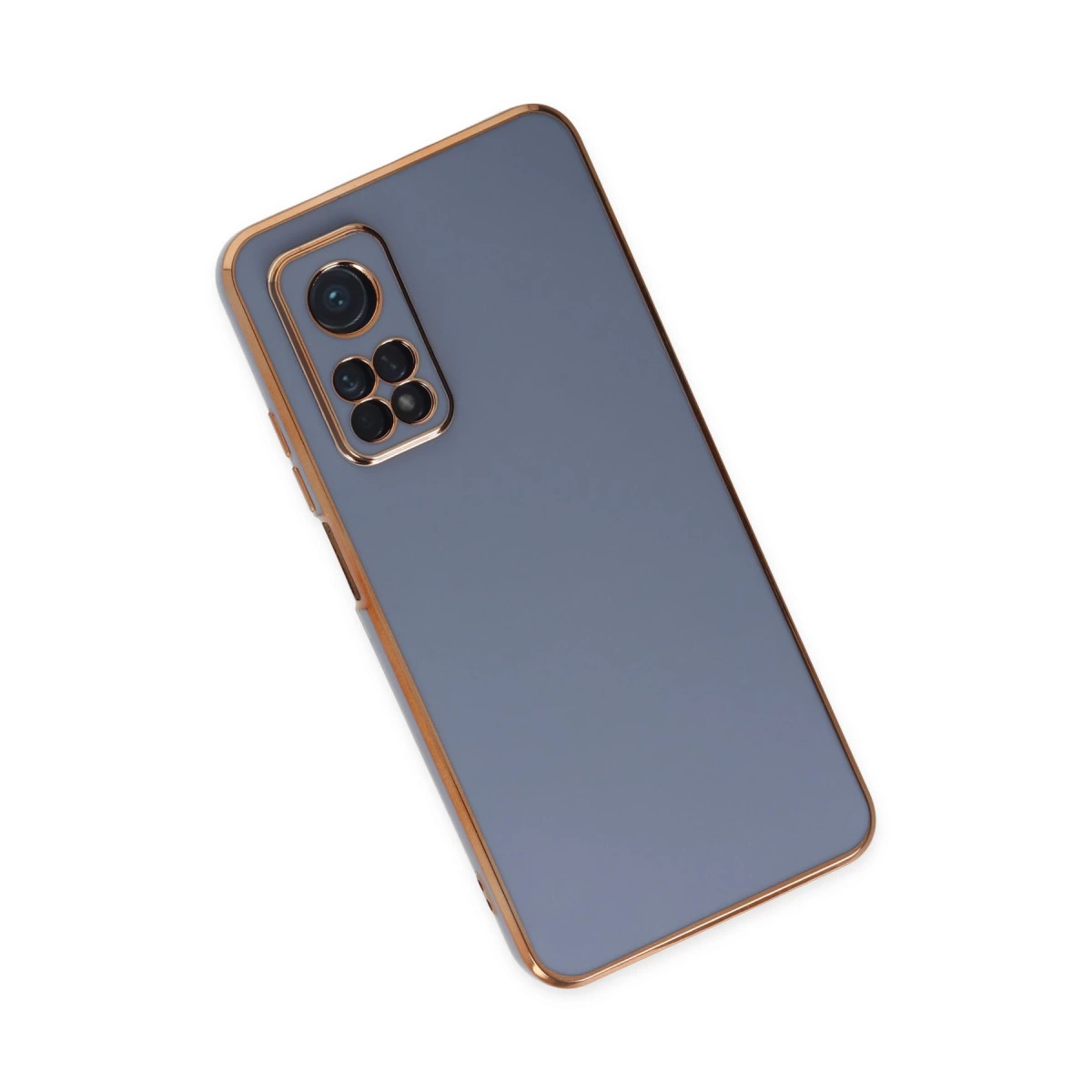 Dört kameralı, altın kenarlı gri telefon kılıfı.
