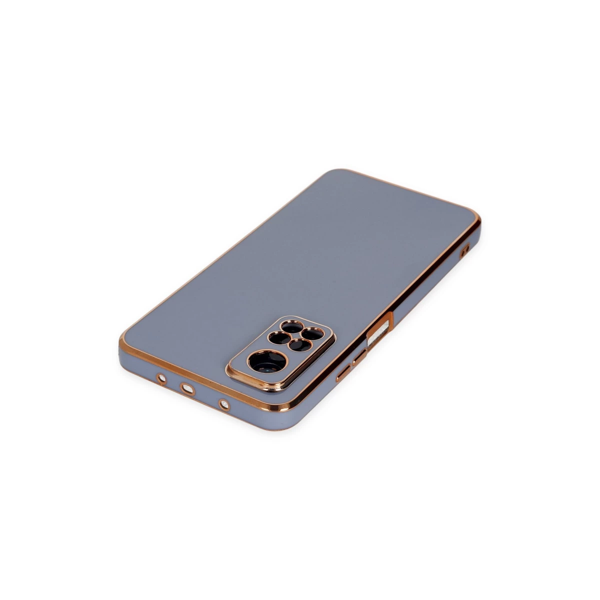 Altın kenarlı ve kamera modüllü gri telefon kılıfı.