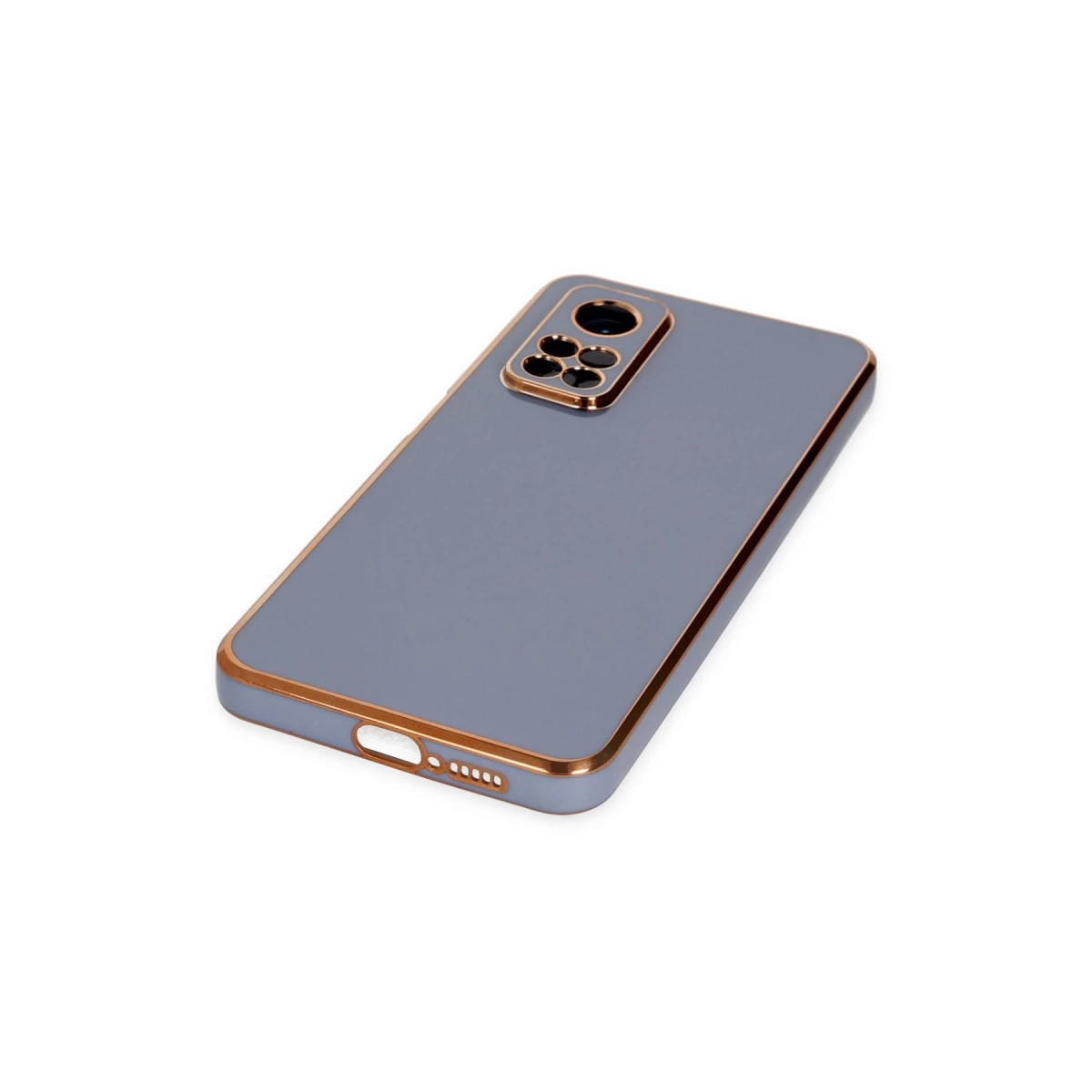 Altın kenarlı ve kamera kesimli gri telefon kılıfı.
