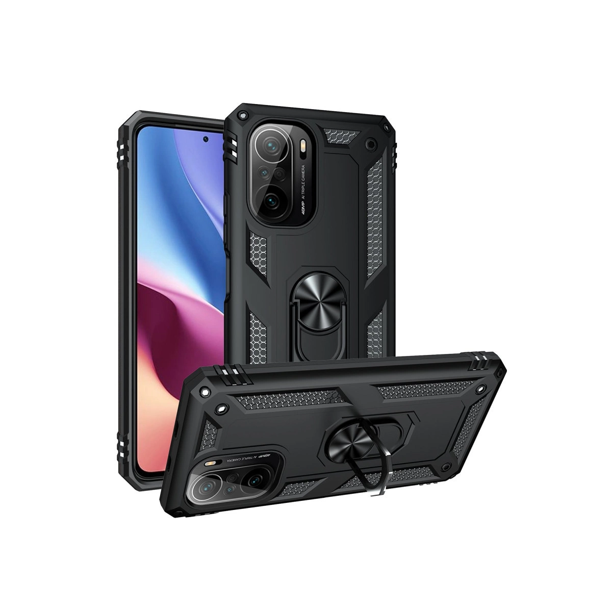 Halka tutuculu ve üçlü kameralı siyah telefon kılıfı.