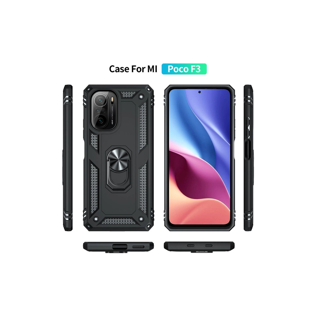 Halka tutuculu siyah Poco F3 telefon kılıfı, çoklu görünümler.