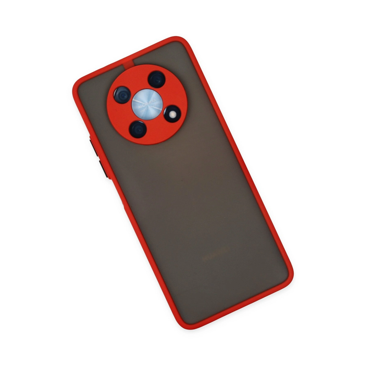 Kırmızı çerçeveli ve yuvarlak kamera modüllü akıllı telefon.