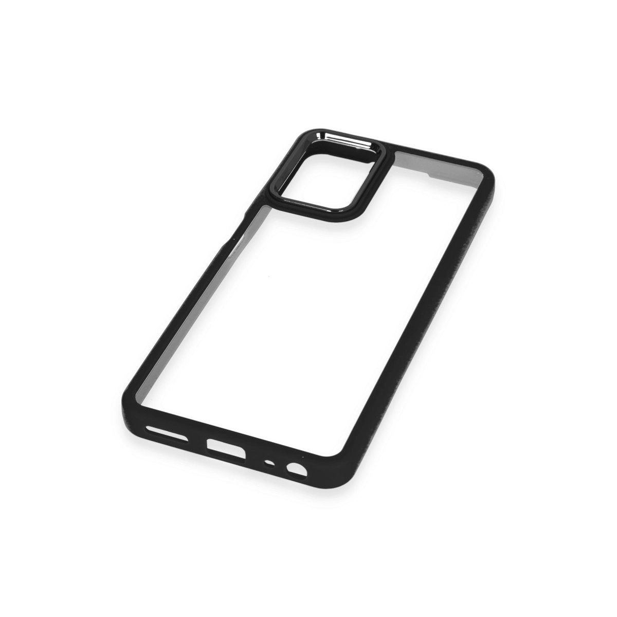 Kamera ve bağlantı noktaları için kesikleri olan siyah, şeffaf telefon kılıfı.
