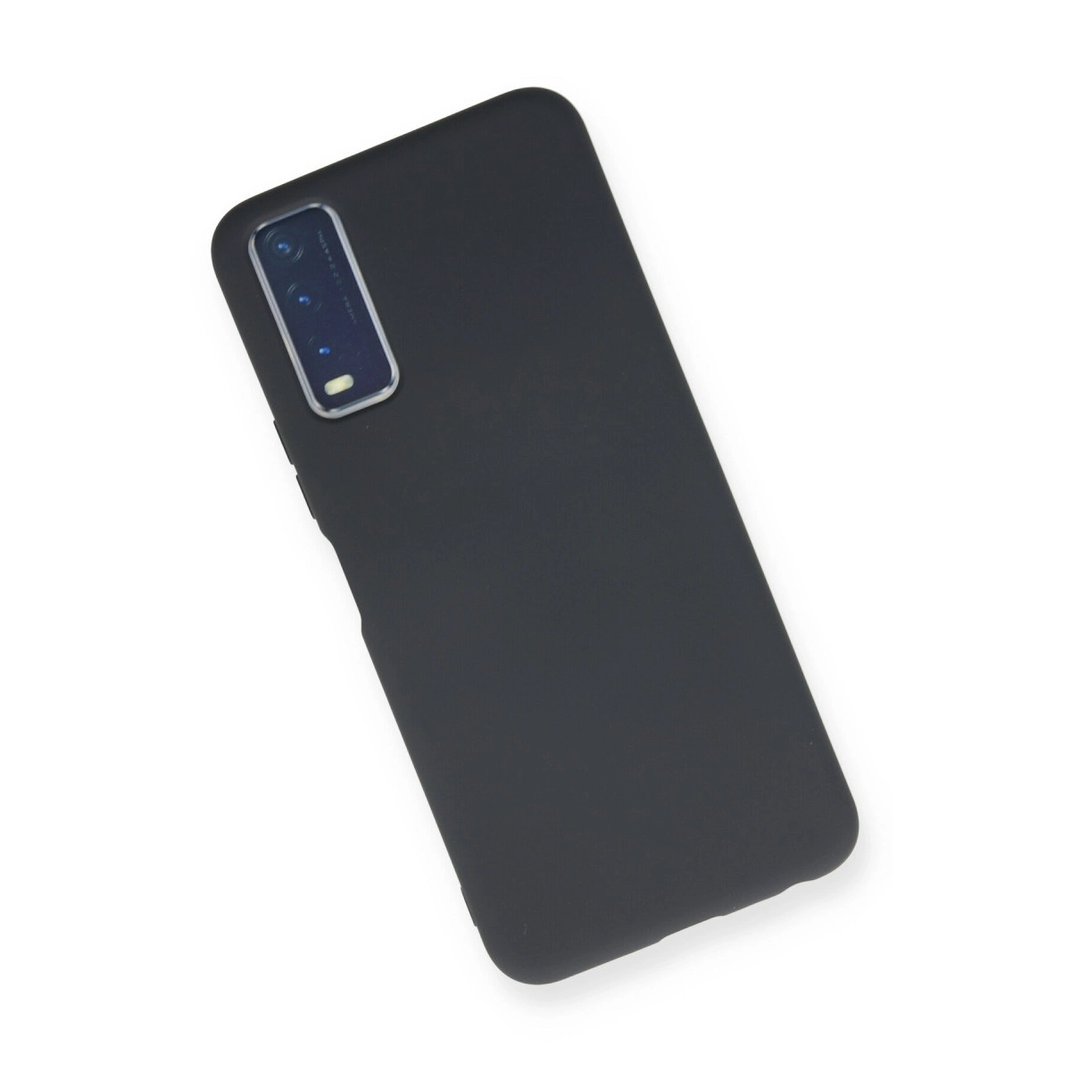 Beyaz arka plan üzerinde görünür kamera lensli koyu gri telefon kılıfı.