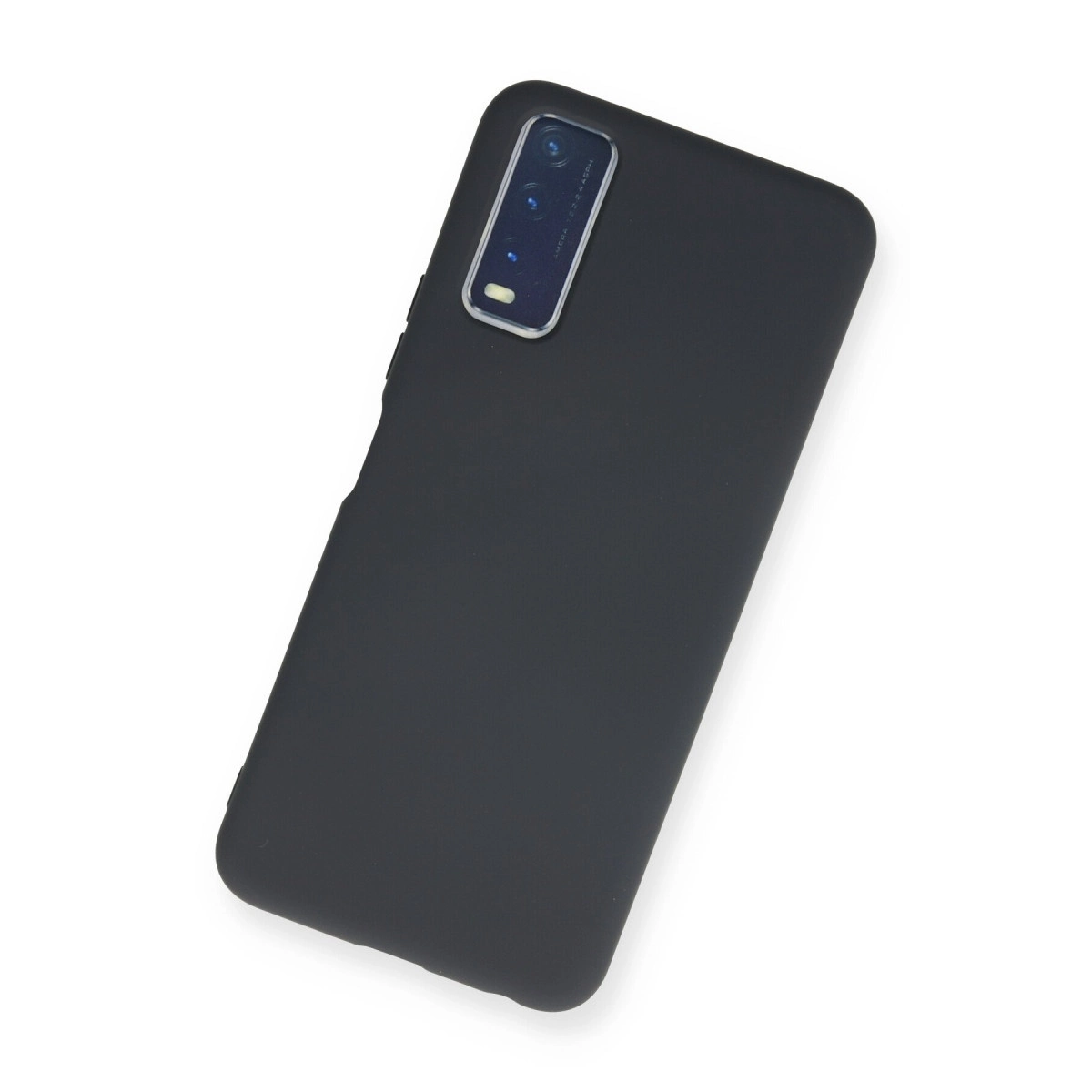 Siyah telefon, sol üstte dikdörtgen kamera modülü, beyaz arka plan üzerinde.