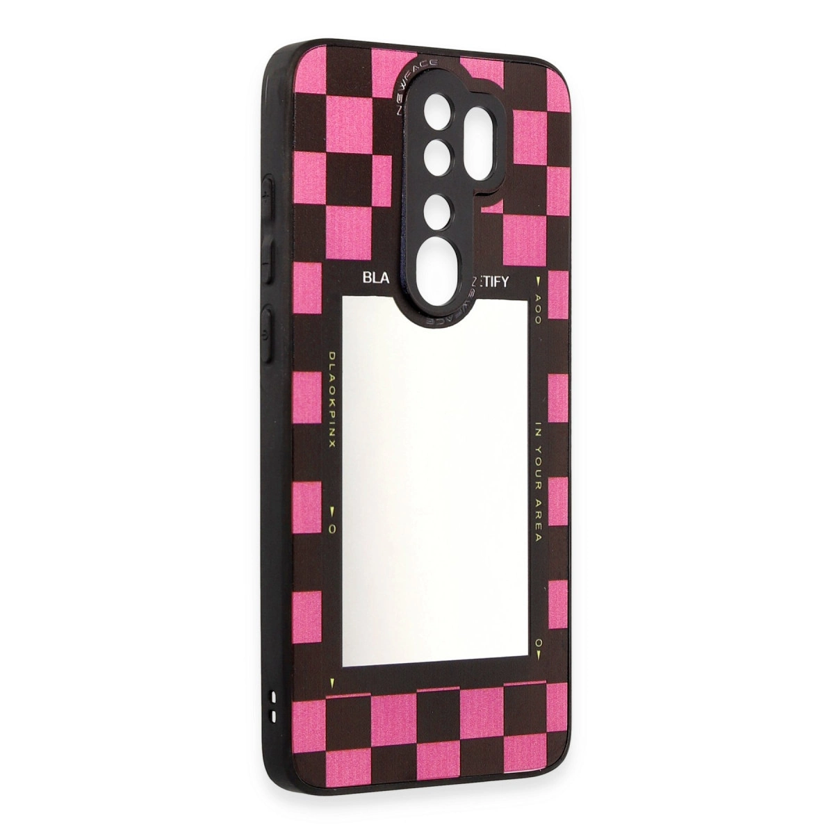 Pembe damalı ve aynalı siyah telefon kılıfı.