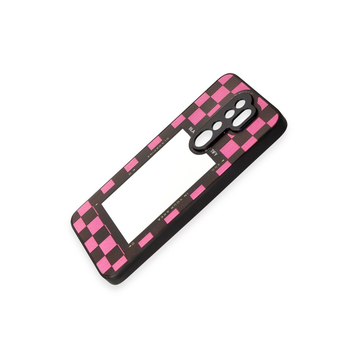Pembe damalı desenli ve kamera açıklıklı siyah telefon kılıfı.