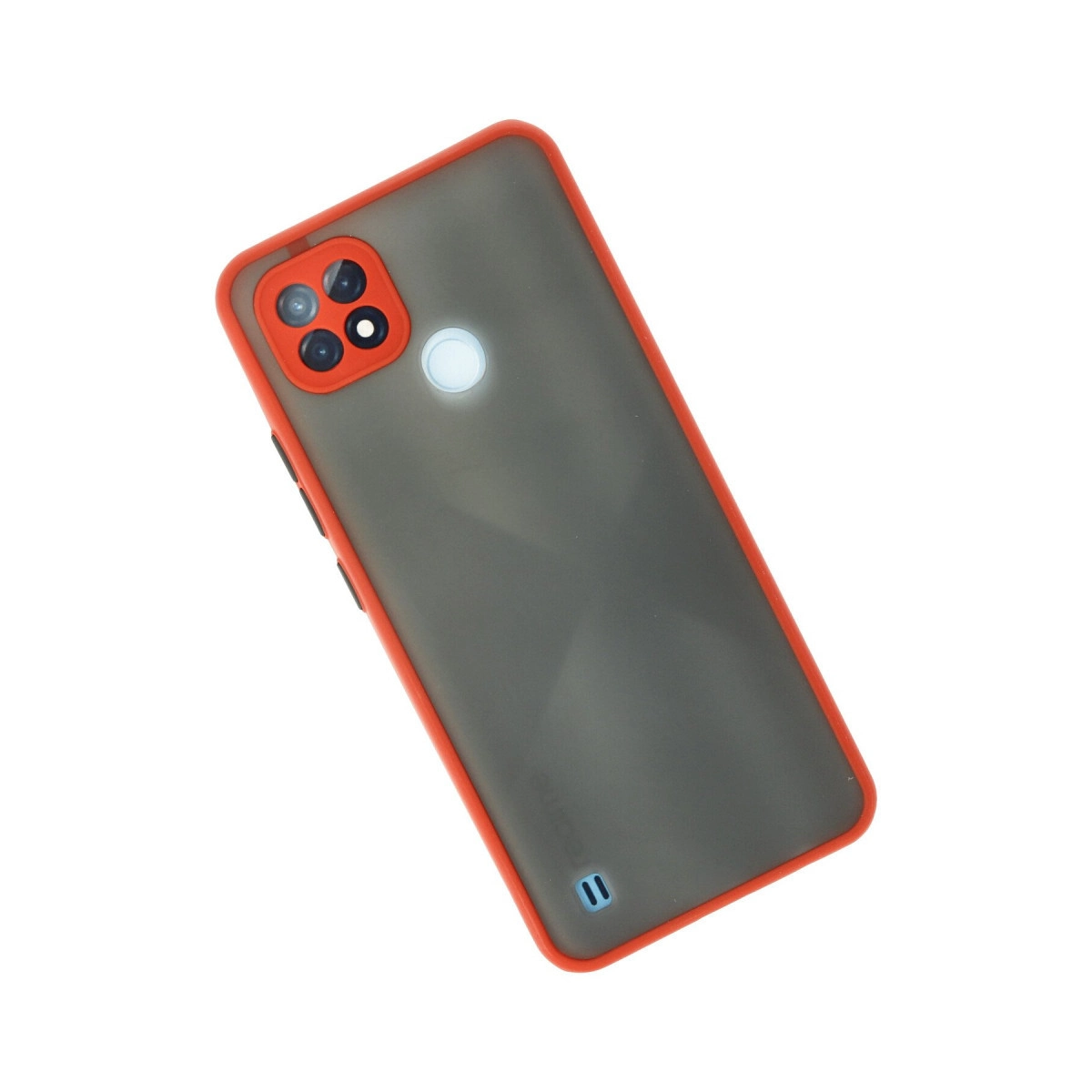 Kırmızı kenarlı gri telefon kılıfı, sol üstte kamera ve flaş.
