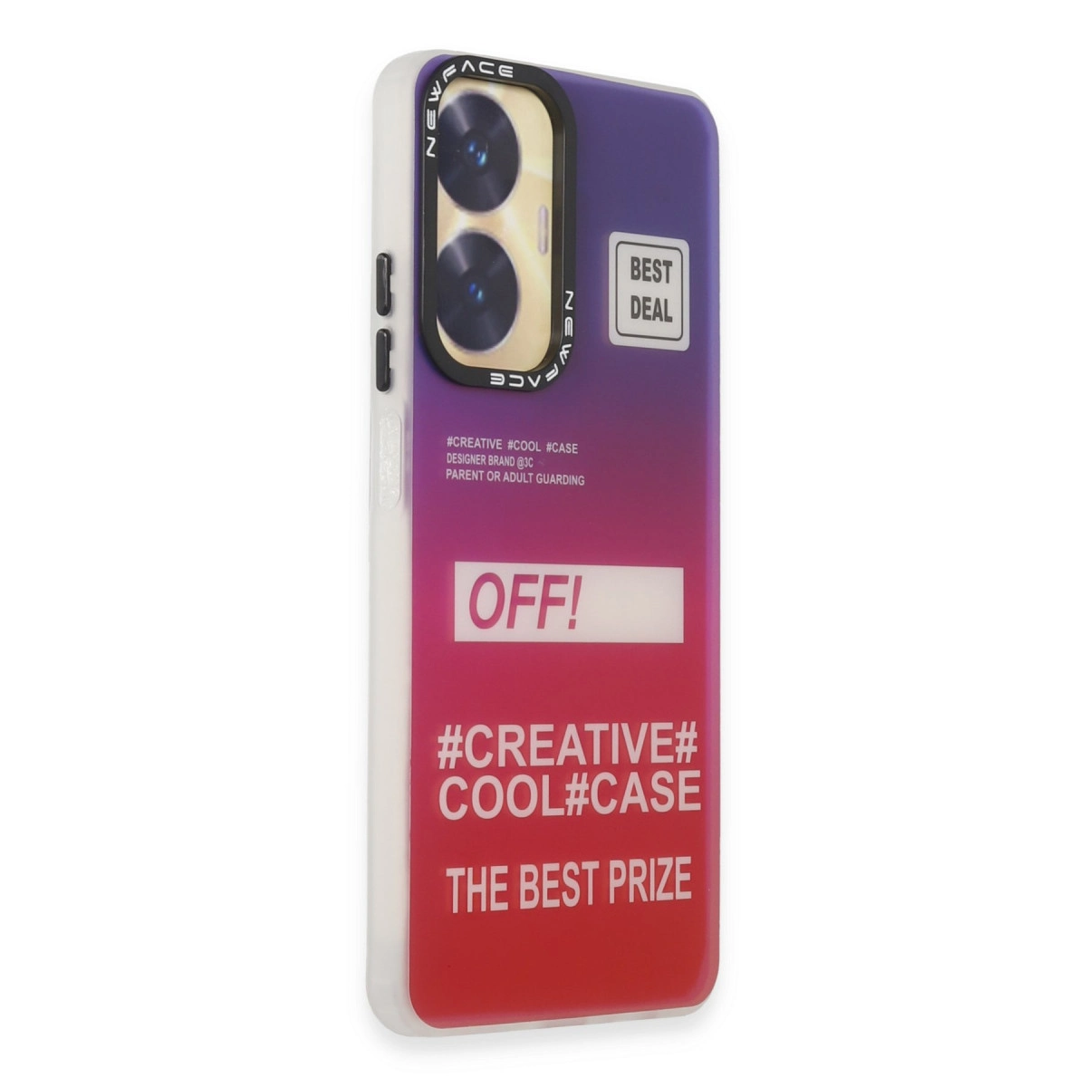 Kamera kesimli mor ve kırmızı gradyanlı telefon kılıfı, üzerinde 'OFF!' ve 'BEST DEAL' yazısı.